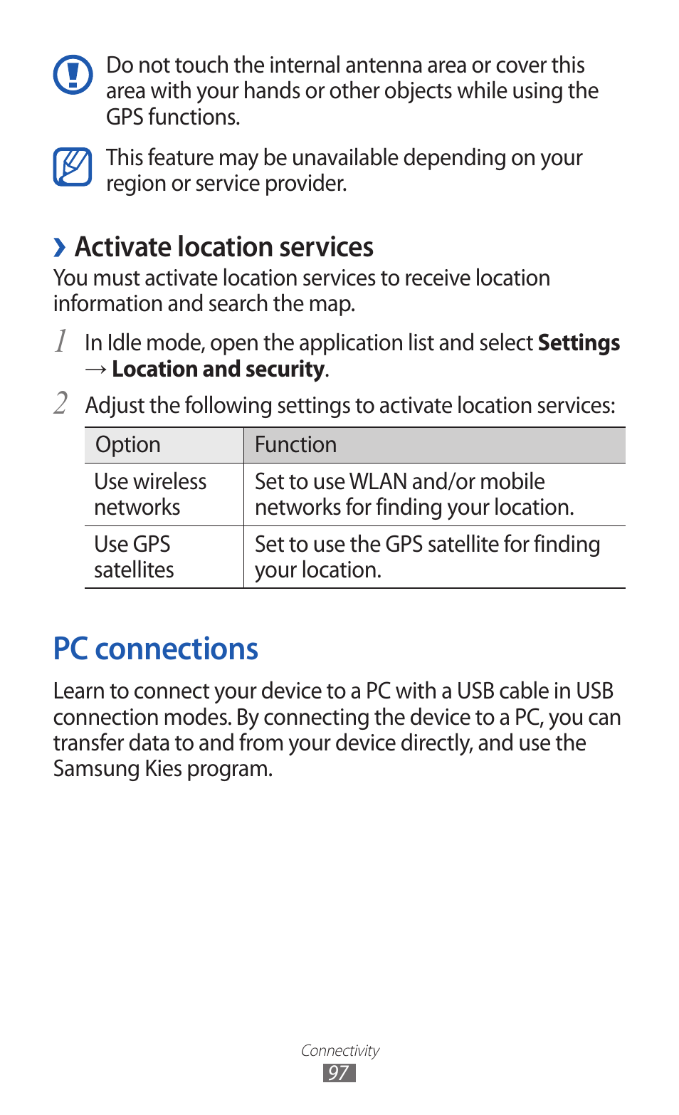 Pc connections, Activate location services | Samsung GALAXY GT-S5690 User Manual | Page 97 / 143