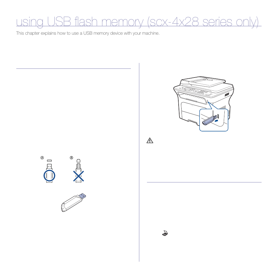 Using usb flash memory (scx-4x28 series only), About usb memory, Plugging in a usb memory device | Scanning to a usb memory device, Scanning, Age 54 | Samsung SCX-4X24 User Manual | Page 54 / 143