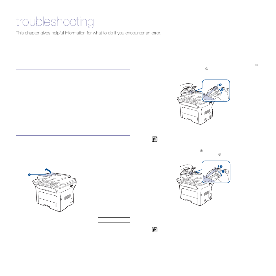 Troubleshooting, Tips for avoiding paper jams, Clearing document jams | Input misfeed | Samsung SCX-4X24 User Manual | Page 64 / 143
