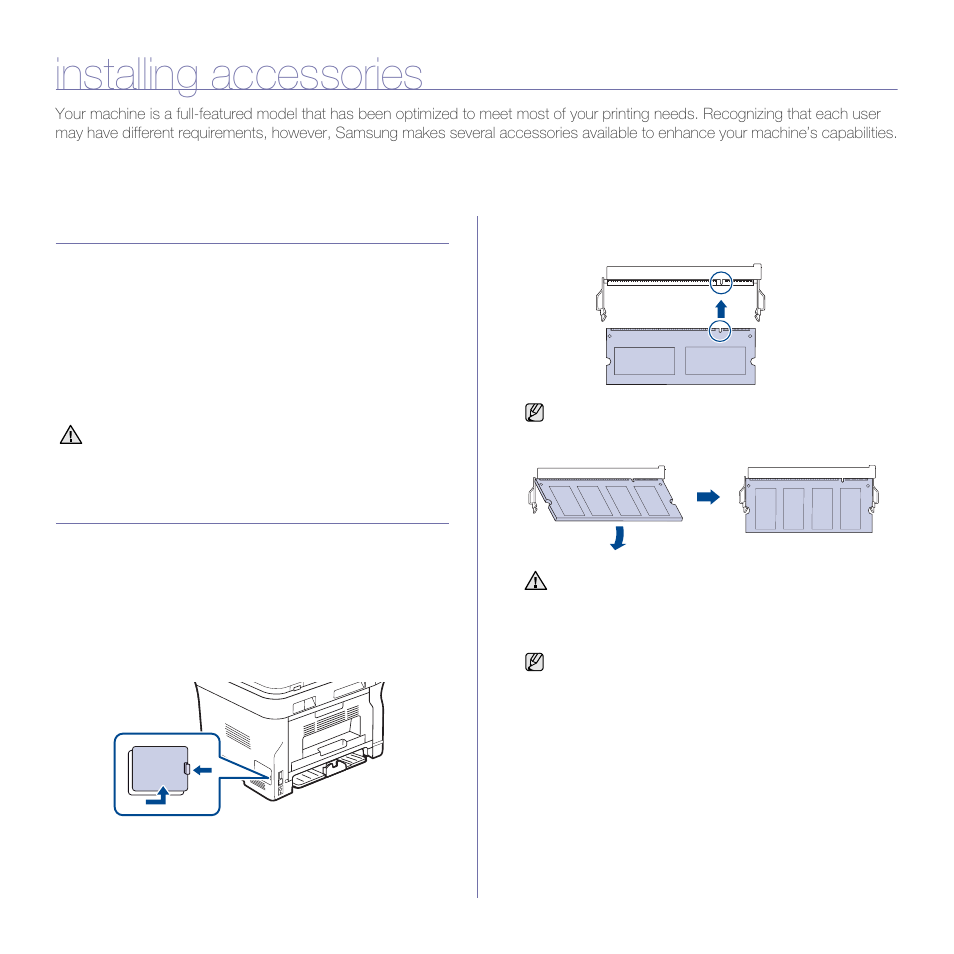 Installing accessories, Precautions to take when installing accessories, Upgrading a memory module | Installing a memory module | Samsung SCX-4X24 User Manual | Page 81 / 143