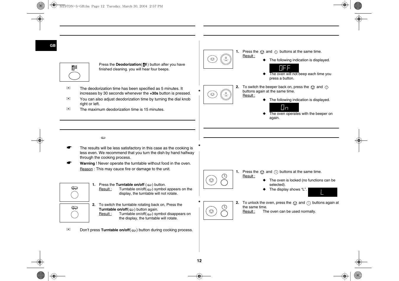 Using the deodorization feature, Manual stop turntable function, Switching the beeper off | Safety-locking your microwave oven | Samsung M197DN User Manual | Page 12 / 16