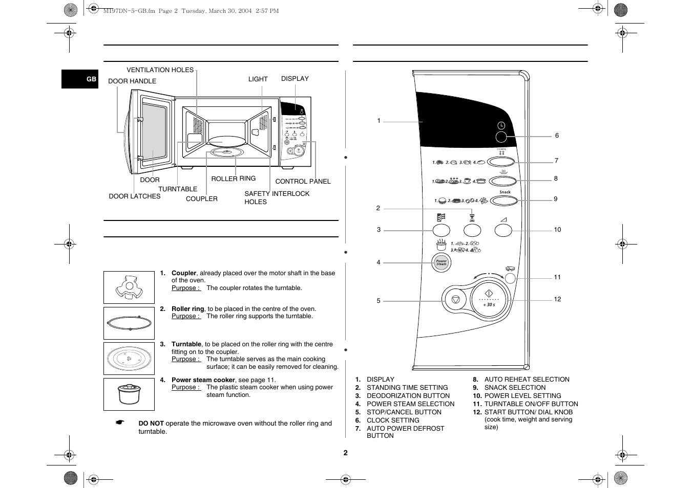 Oven, Accessories, Control panel | Oven accessories | Samsung M197DN User Manual | Page 2 / 16