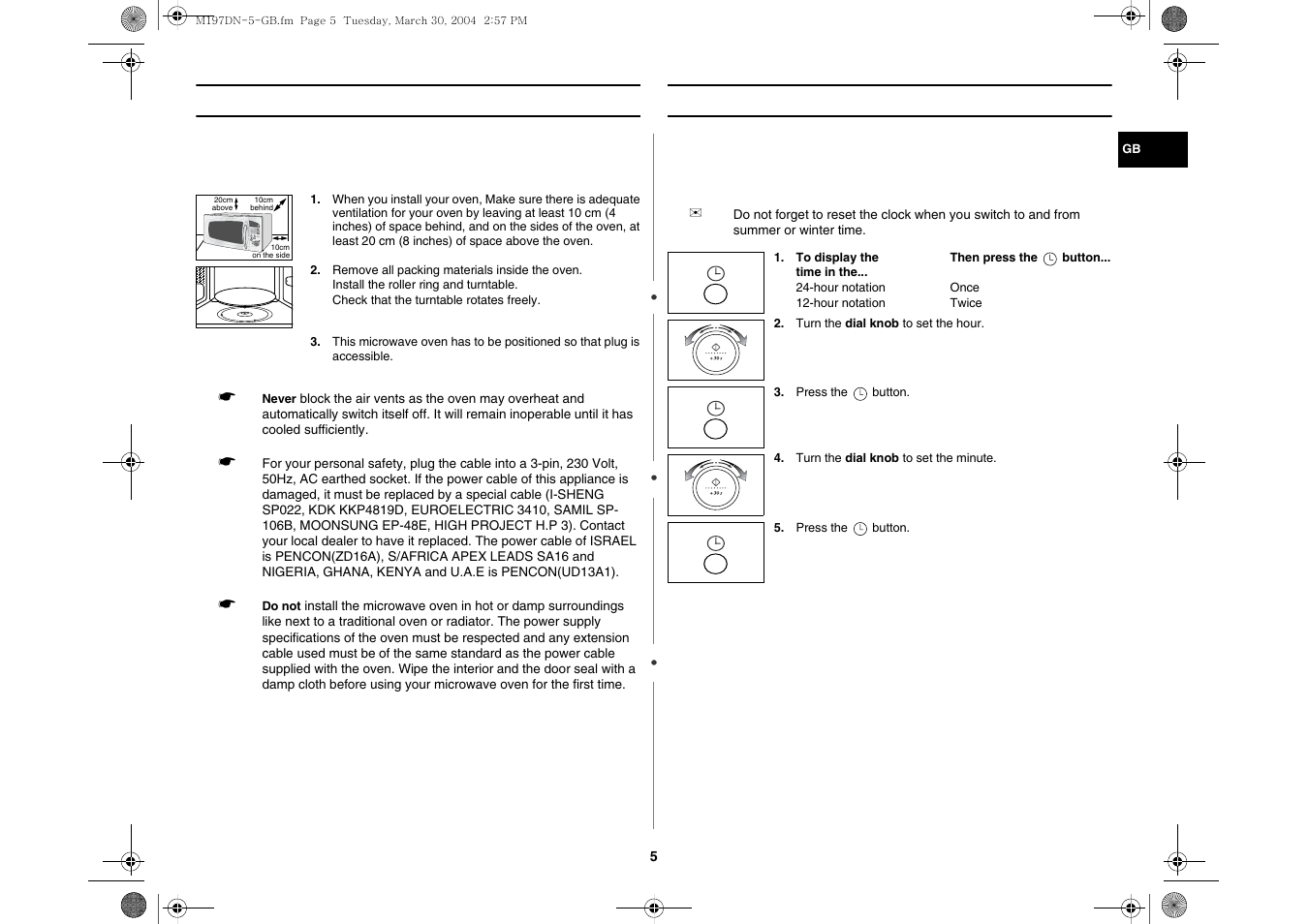 Installing your microwave oven, Setting the time | Samsung M197DN User Manual | Page 5 / 16
