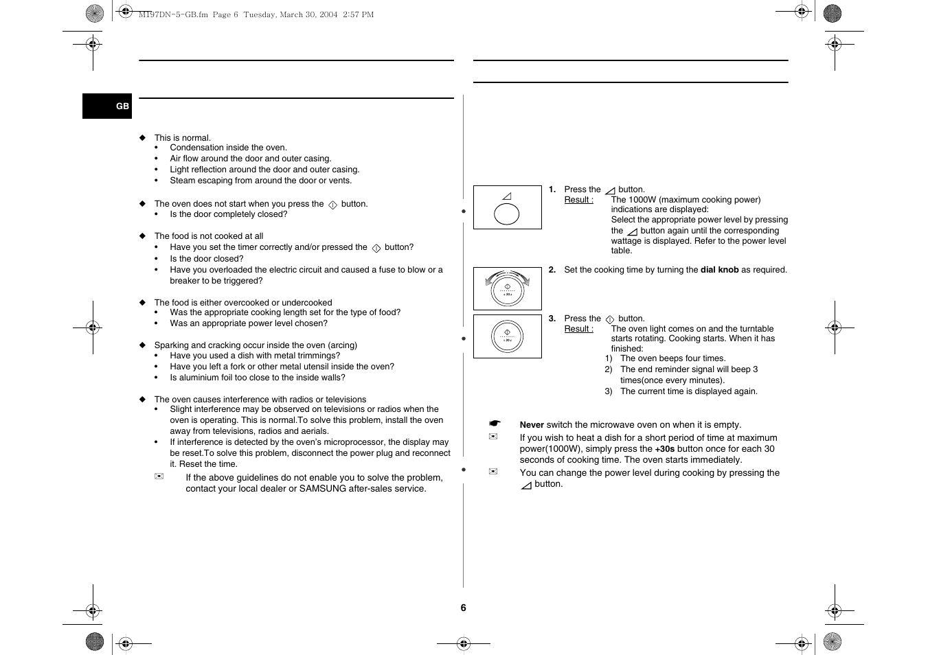 What to do if you are in doubt or have a problem, Cooking / reheating | Samsung M197DN User Manual | Page 6 / 16