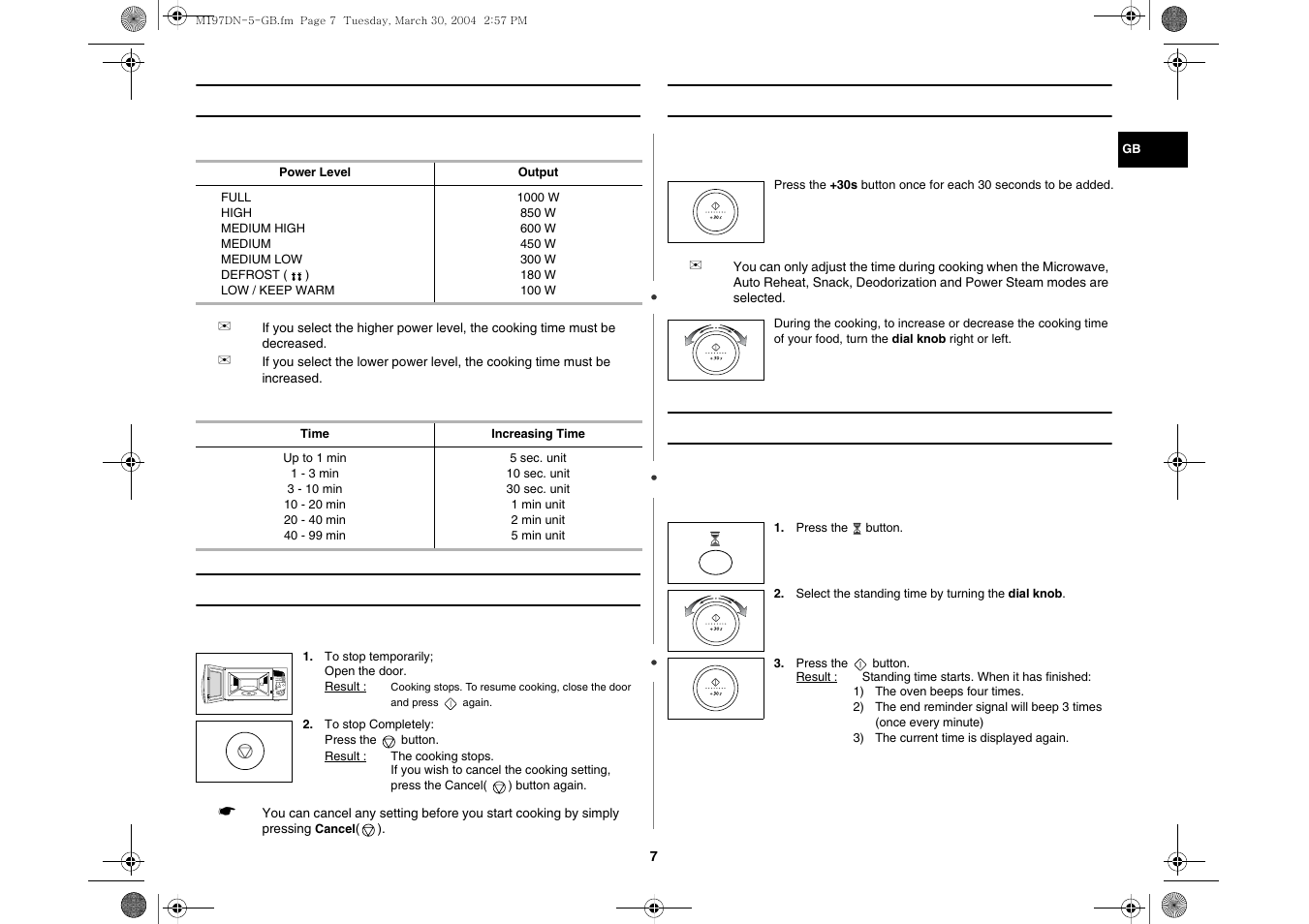 Power levels, Stopping the cooking, Adjusting the cooking time | Setting a standing time | Samsung M197DN User Manual | Page 7 / 16