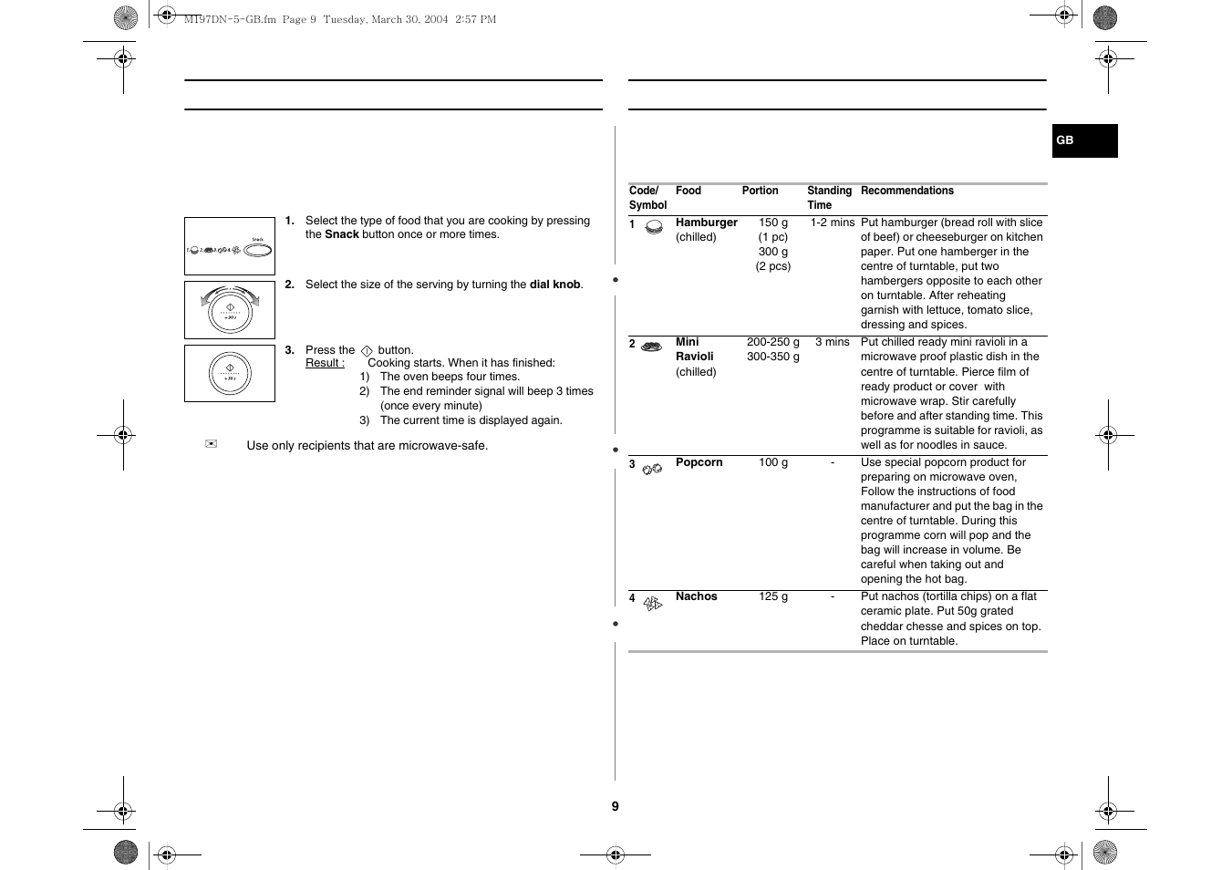 Using the snack cook feature, Snack cook setting | Samsung M197DN User Manual | Page 9 / 16