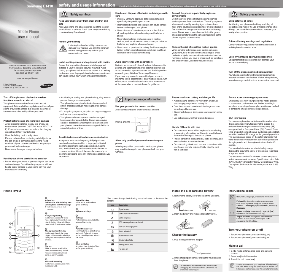 Samsung E1410 User Manual | 2 pages