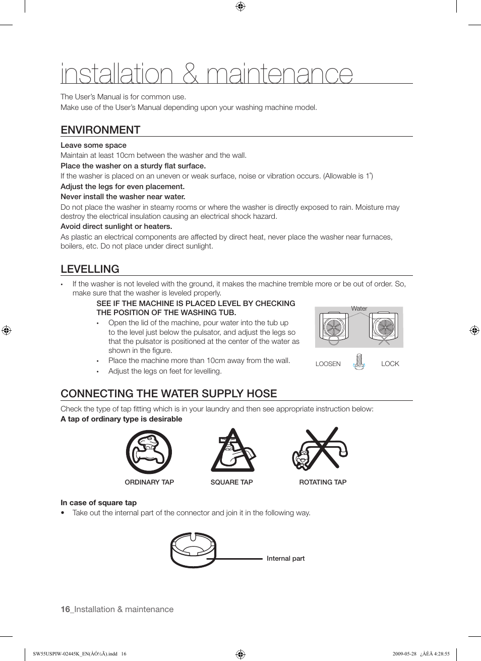 Installation & maintenance, Environment, Levelling | Connecting the water supply hose | Samsung SW55USP User Manual | Page 16 / 24