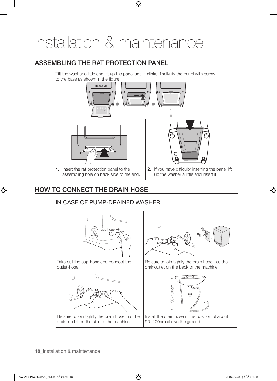Installation & maintenance, Assembling the rat protection panel, How to connect the drain hose | Samsung SW55USP User Manual | Page 18 / 24