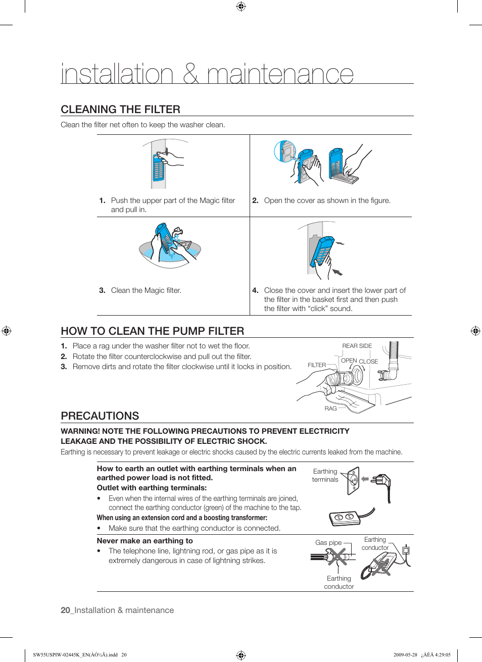 Installation & maintenance, Cleaning the filter, How to clean the pump filter | Precautions | Samsung SW55USP User Manual | Page 20 / 24