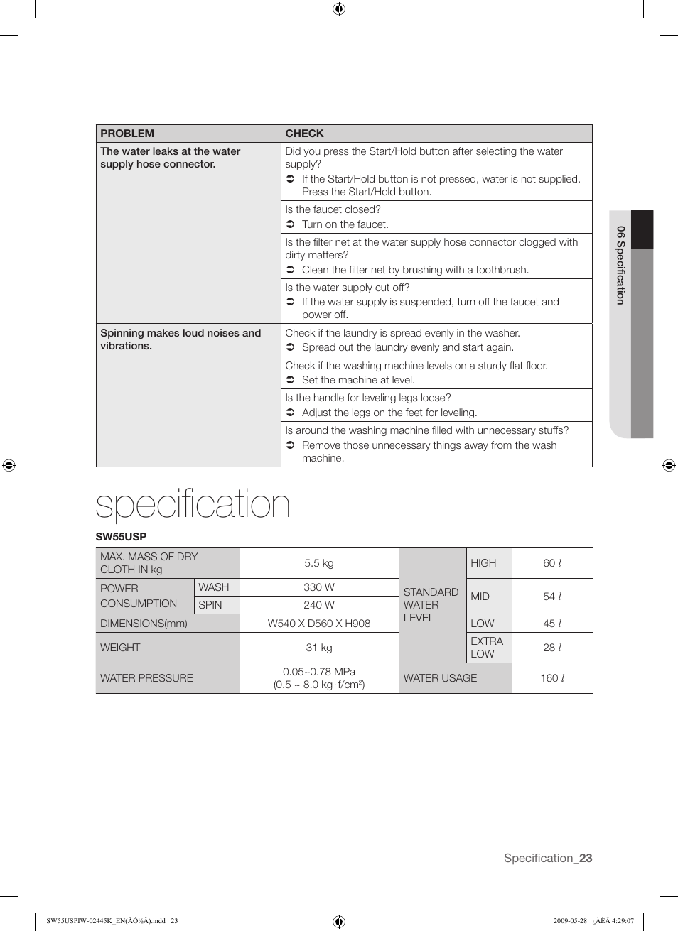 Specification | Samsung SW55USP User Manual | Page 23 / 24