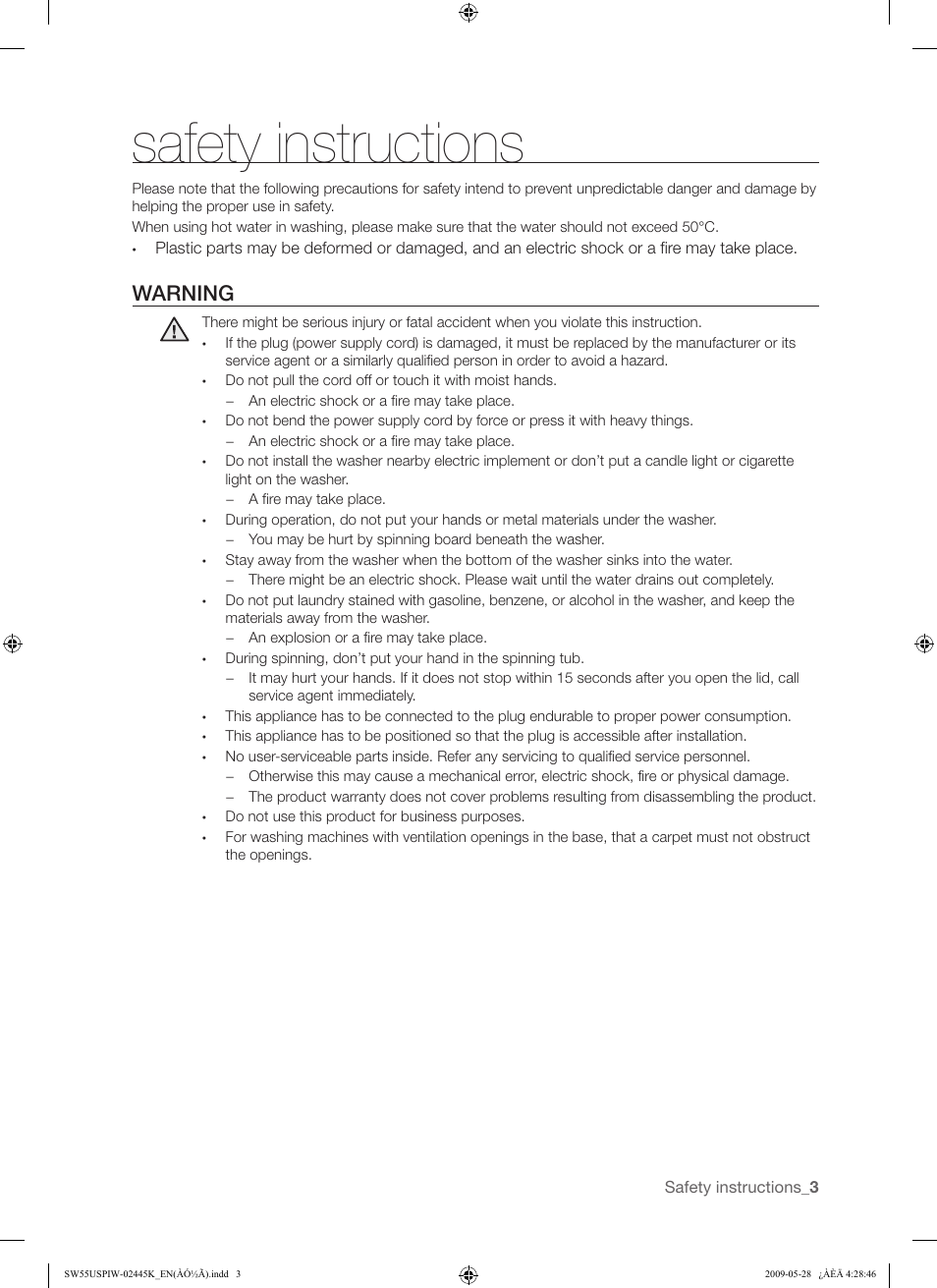 Safety instructions, Warning | Samsung SW55USP User Manual | Page 3 / 24