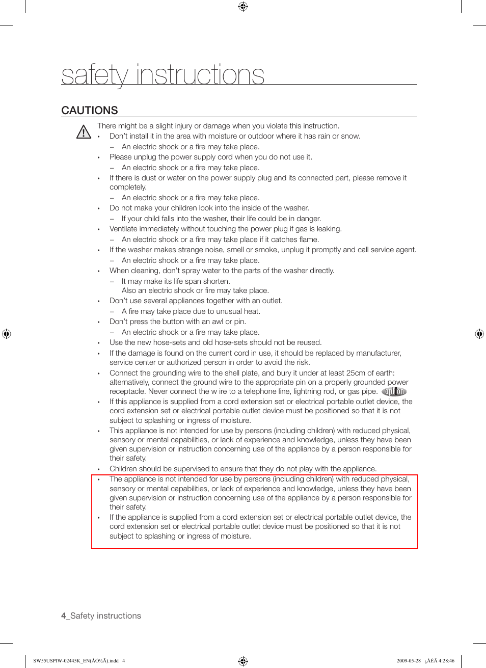Safety instructions, Cautions | Samsung SW55USP User Manual | Page 4 / 24