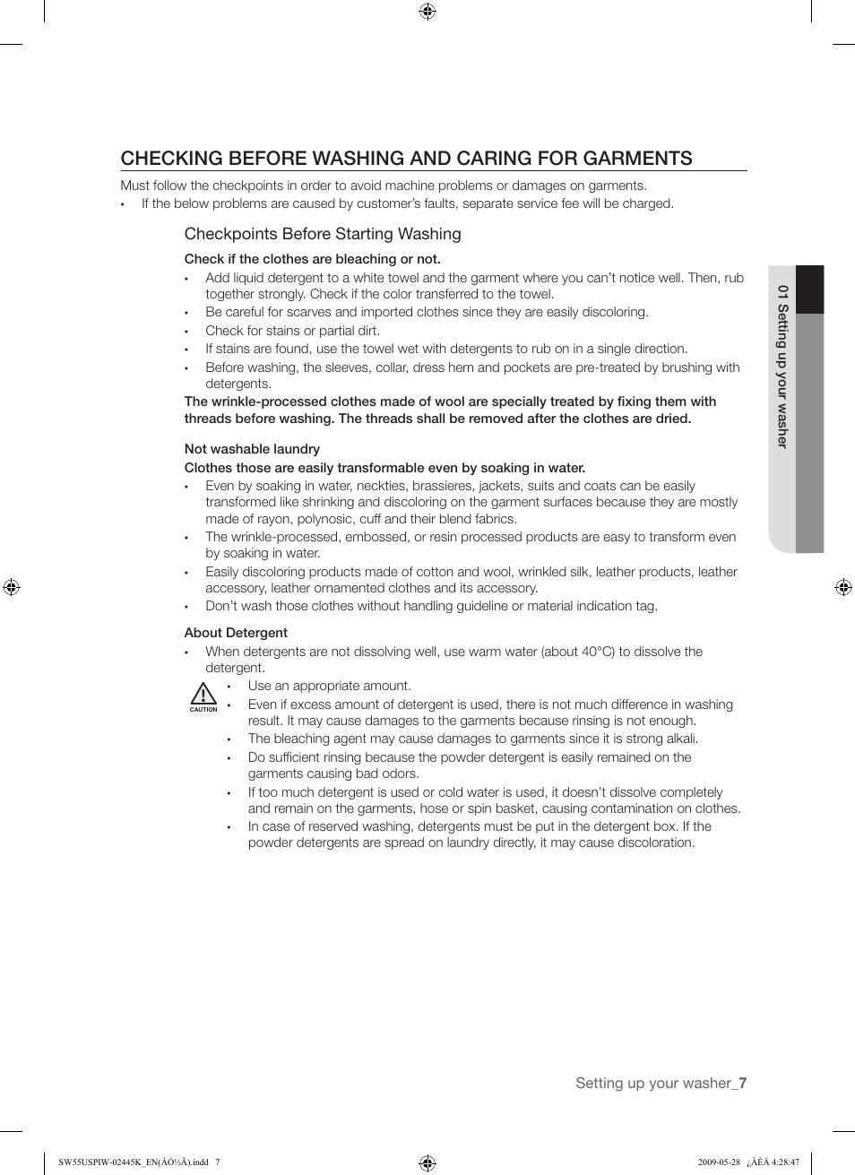 Checking before washing and caring for garments | Samsung SW55USP User Manual | Page 7 / 24