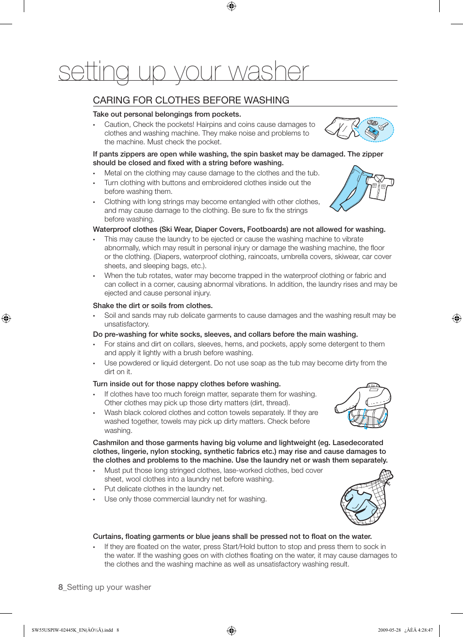 Setting up your washer, Caring for clothes before washing | Samsung SW55USP User Manual | Page 8 / 24