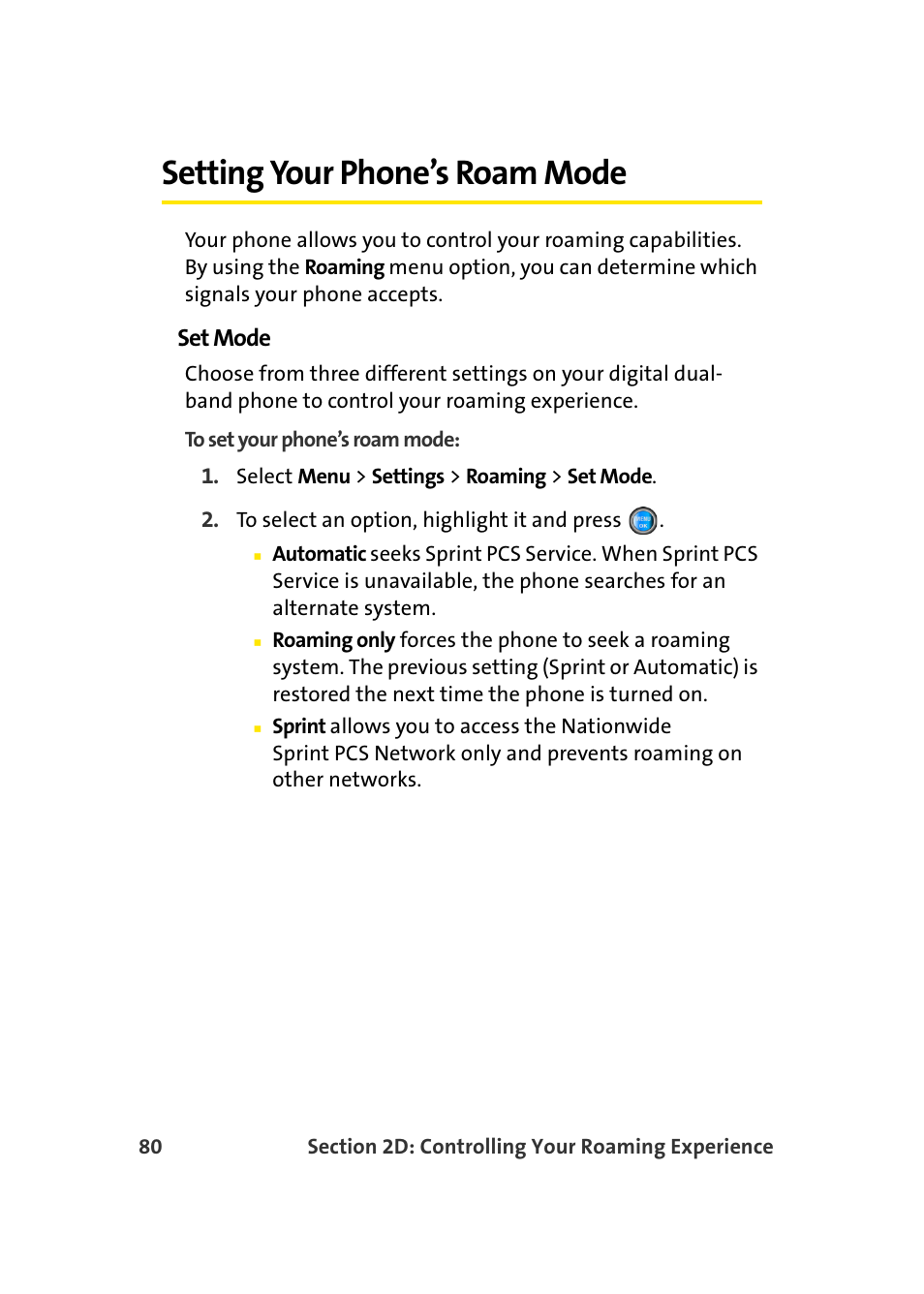 Setting your phone’s roam mode, Set mode | Samsung A960 User Manual | Page 104 / 272