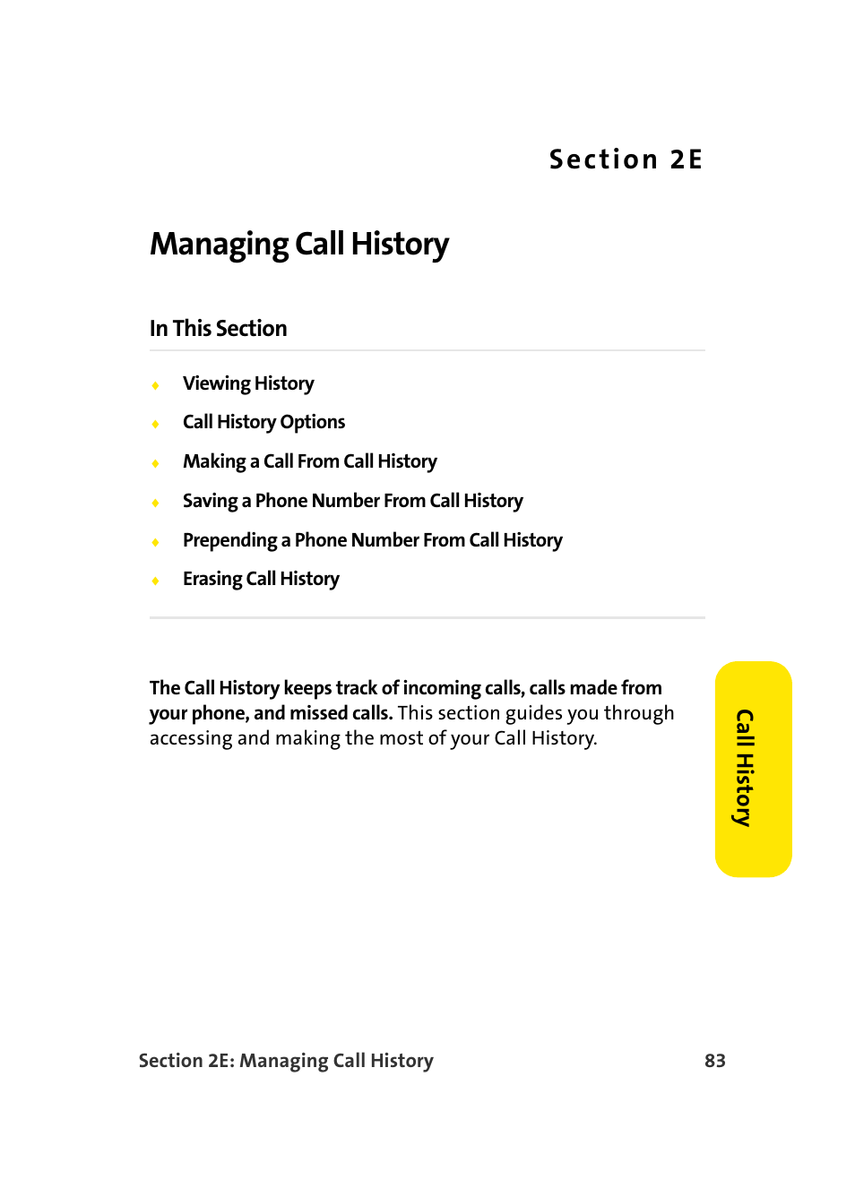 Managing call history, 2e. managing call history, Ca ll his tor y | Samsung A960 User Manual | Page 107 / 272