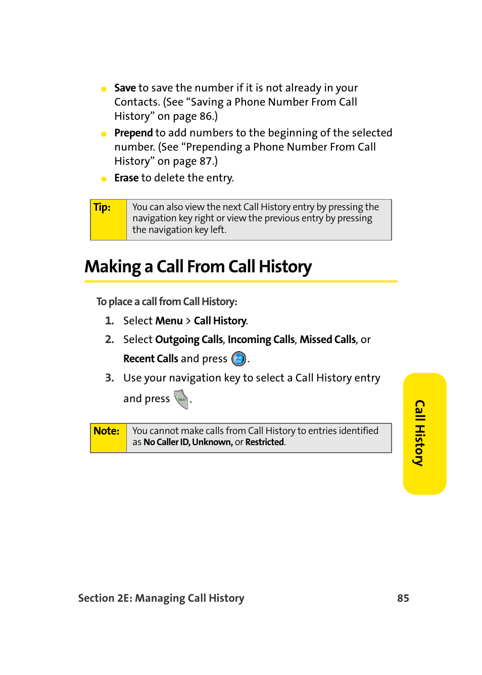 Making a call from call history, Ca ll his tor y | Samsung A960 User Manual | Page 109 / 272