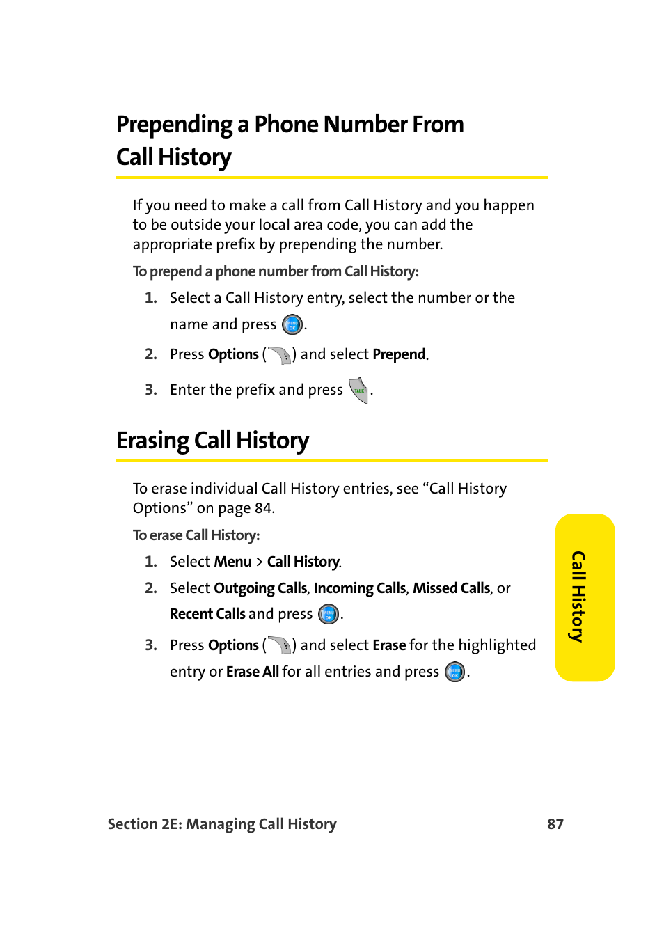 Prepending a phone number from call history, Erasing call history | Samsung A960 User Manual | Page 111 / 272