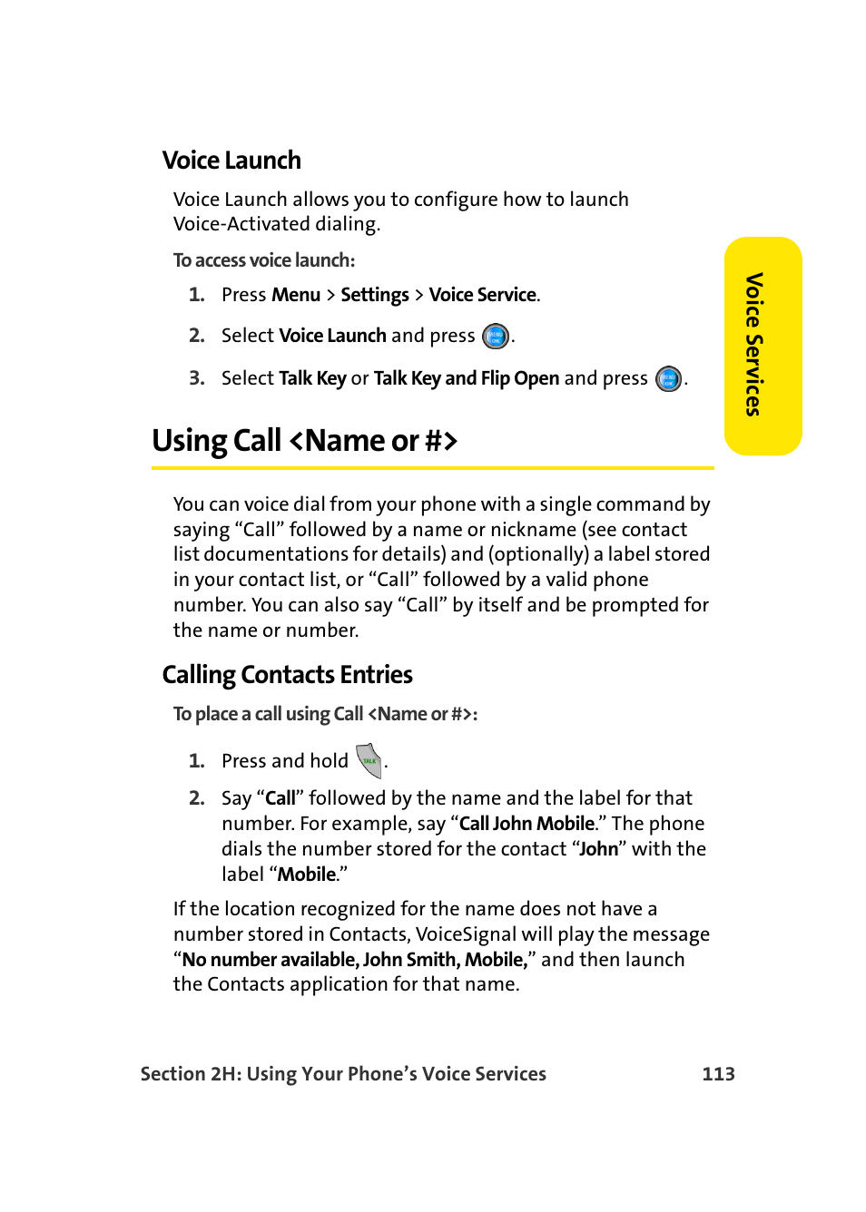 Voice launch, Using call <name or, Calling contacts entries | Samsung A960 User Manual | Page 137 / 272