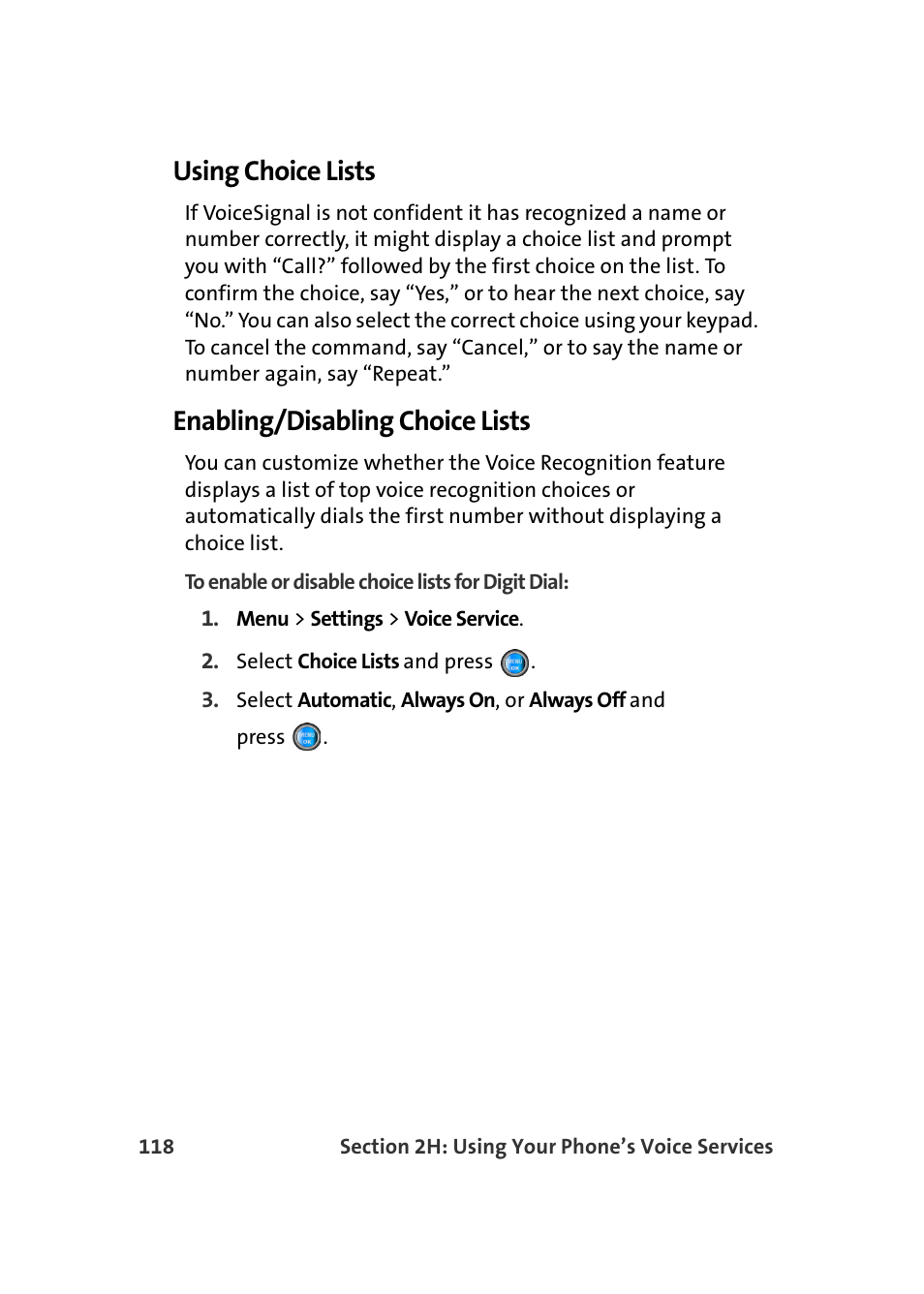 Using choice lists, Enabling/disabling choice lists | Samsung A960 User Manual | Page 142 / 272