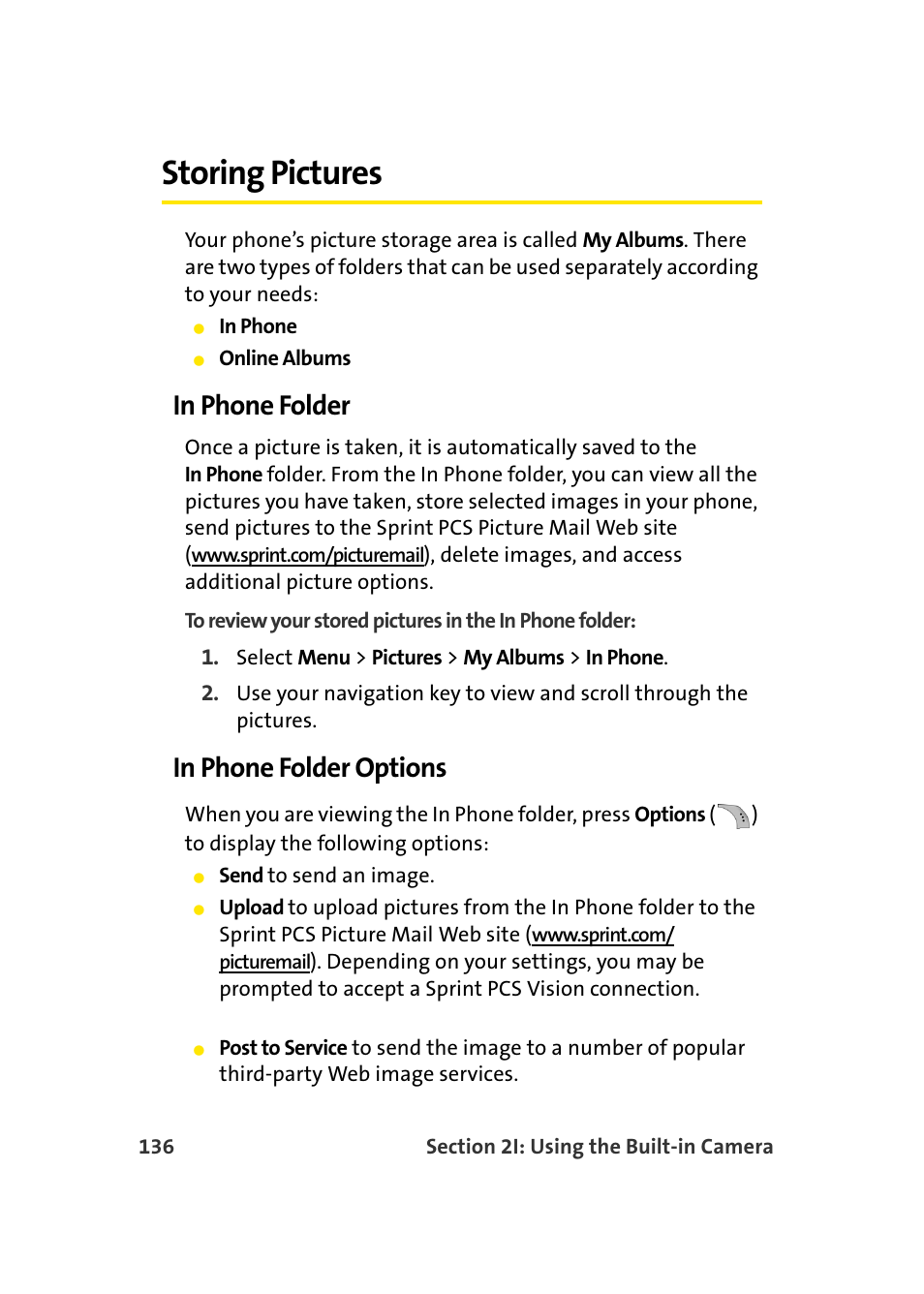 Storing pictures, In phone folder, In phone folder options | Samsung A960 User Manual | Page 160 / 272