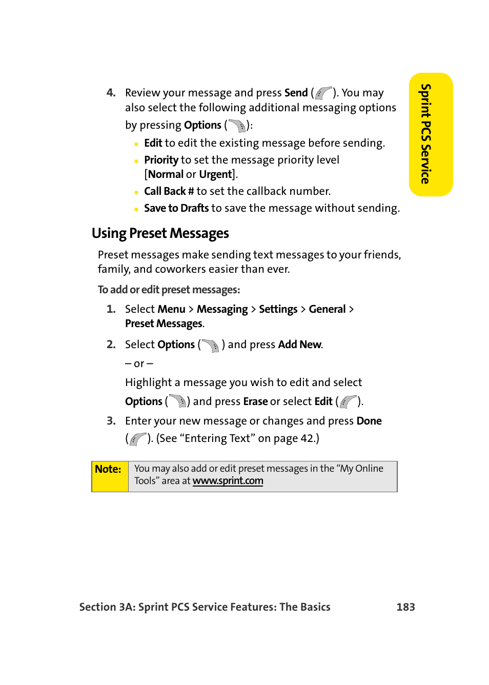 Using preset messages, Sprin t pcs se rv ice | Samsung A960 User Manual | Page 207 / 272
