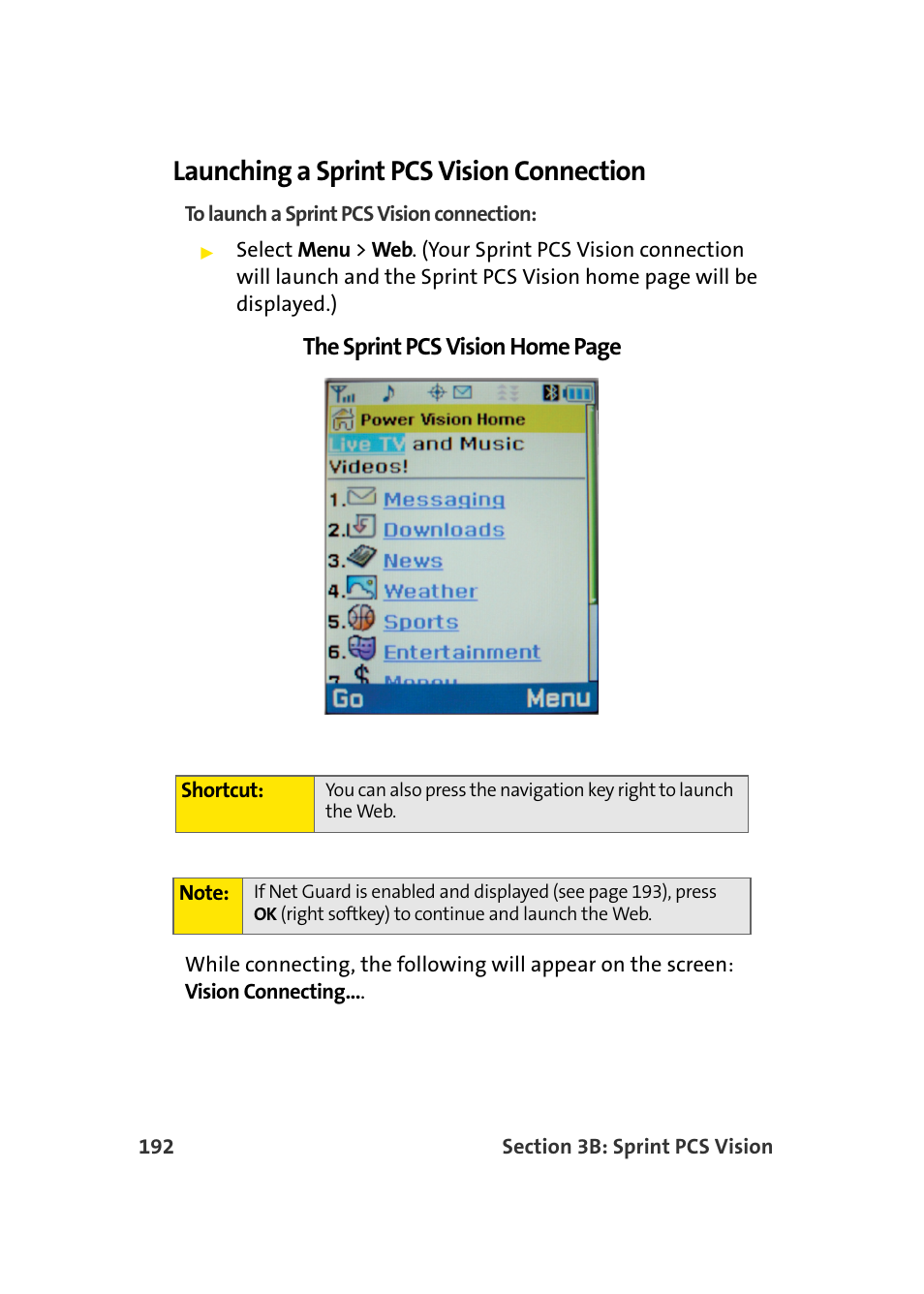 Launching a sprint pcs vision connection, The sprint pcs vision home page | Samsung A960 User Manual | Page 216 / 272