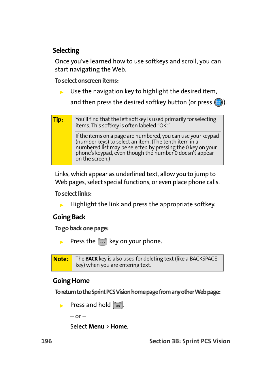 Selecting, Going back, Going home | Samsung A960 User Manual | Page 220 / 272