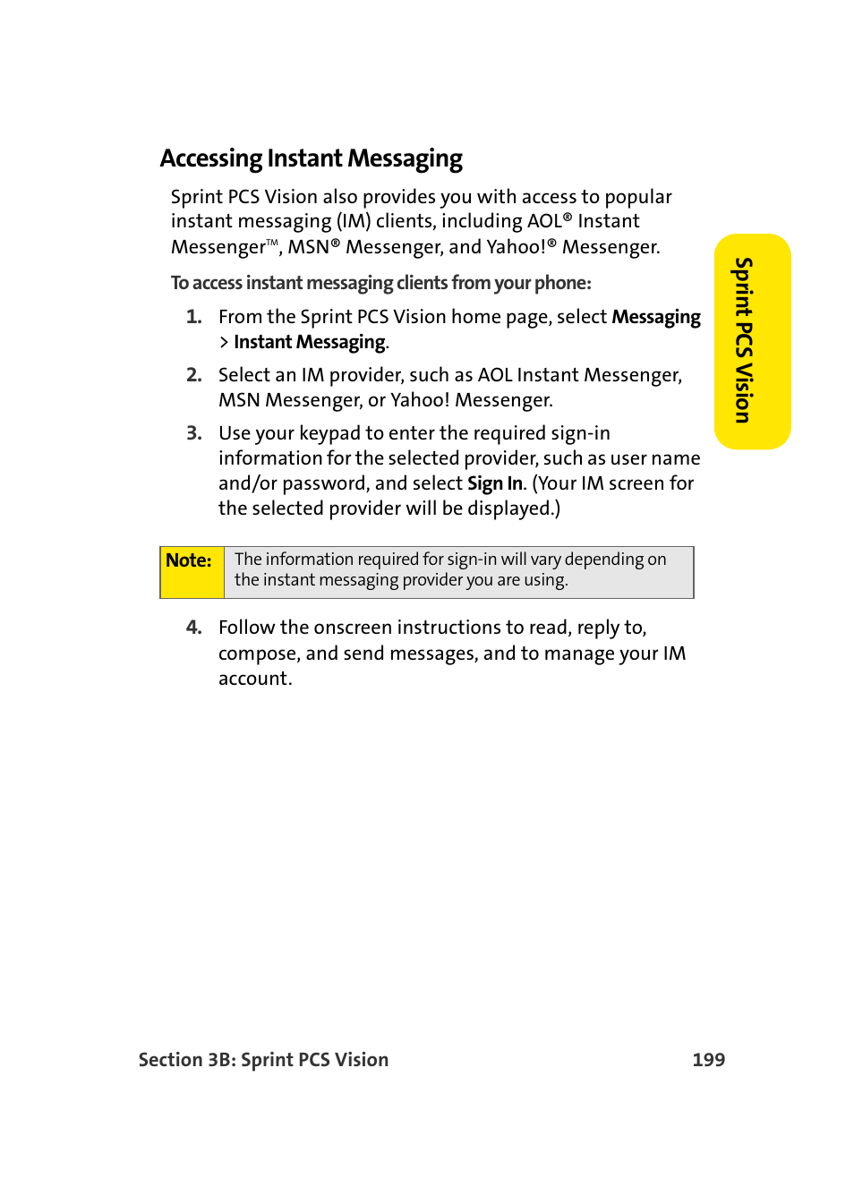 Accessing instant messaging, Spr in t pcs v ision | Samsung A960 User Manual | Page 223 / 272