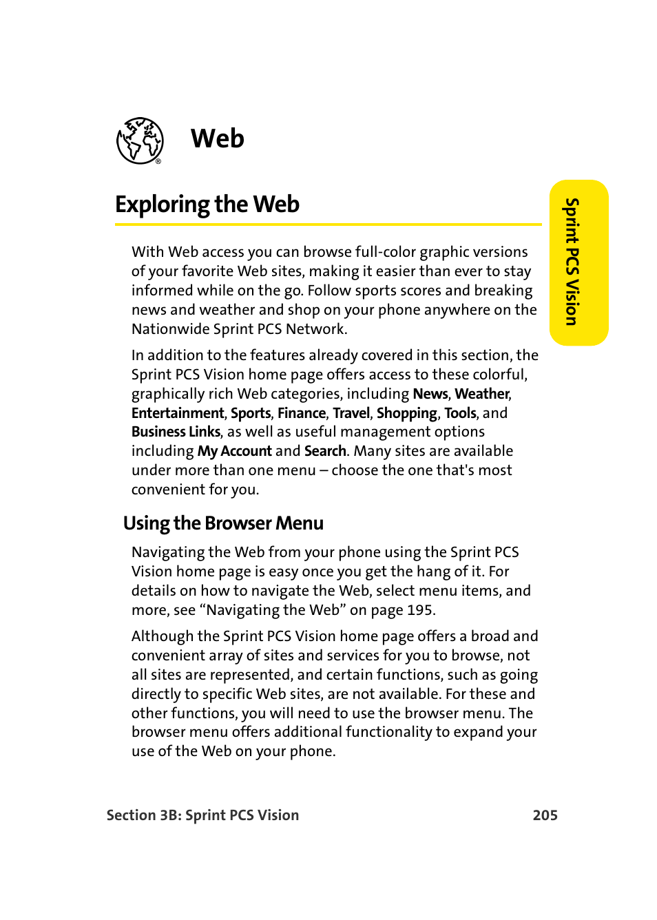 Exploring the web, Using the browser menu | Samsung A960 User Manual | Page 229 / 272