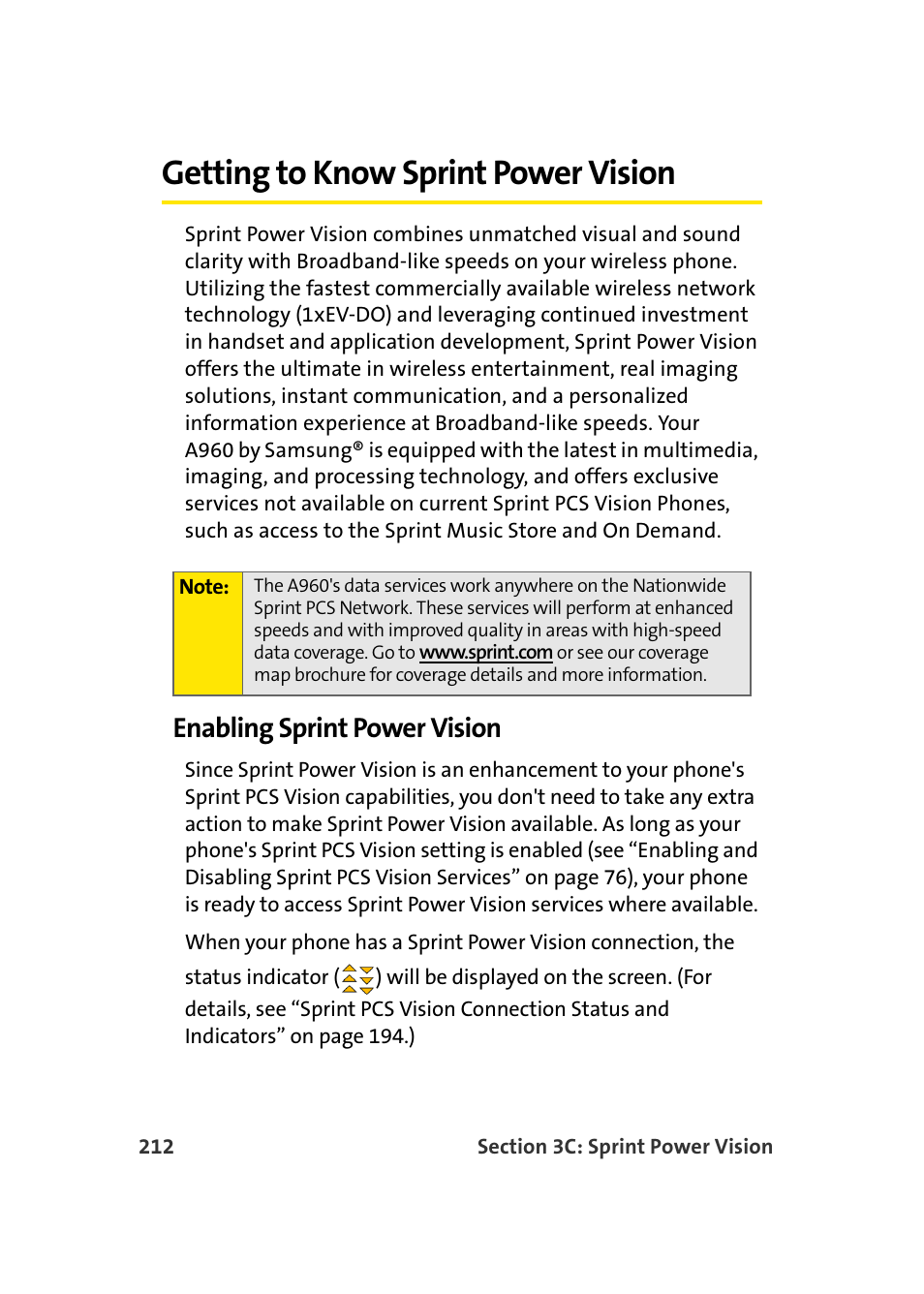 Getting to know sprint power vision, Enabling sprint power vision | Samsung A960 User Manual | Page 236 / 272