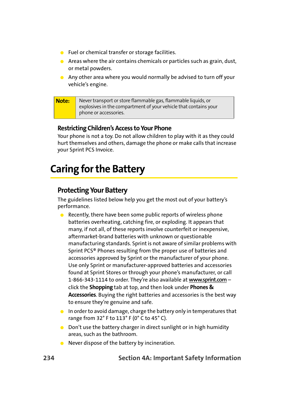 Caring for the battery, Protecting your battery, Restricting children’s access to your phone | Samsung A960 User Manual | Page 258 / 272