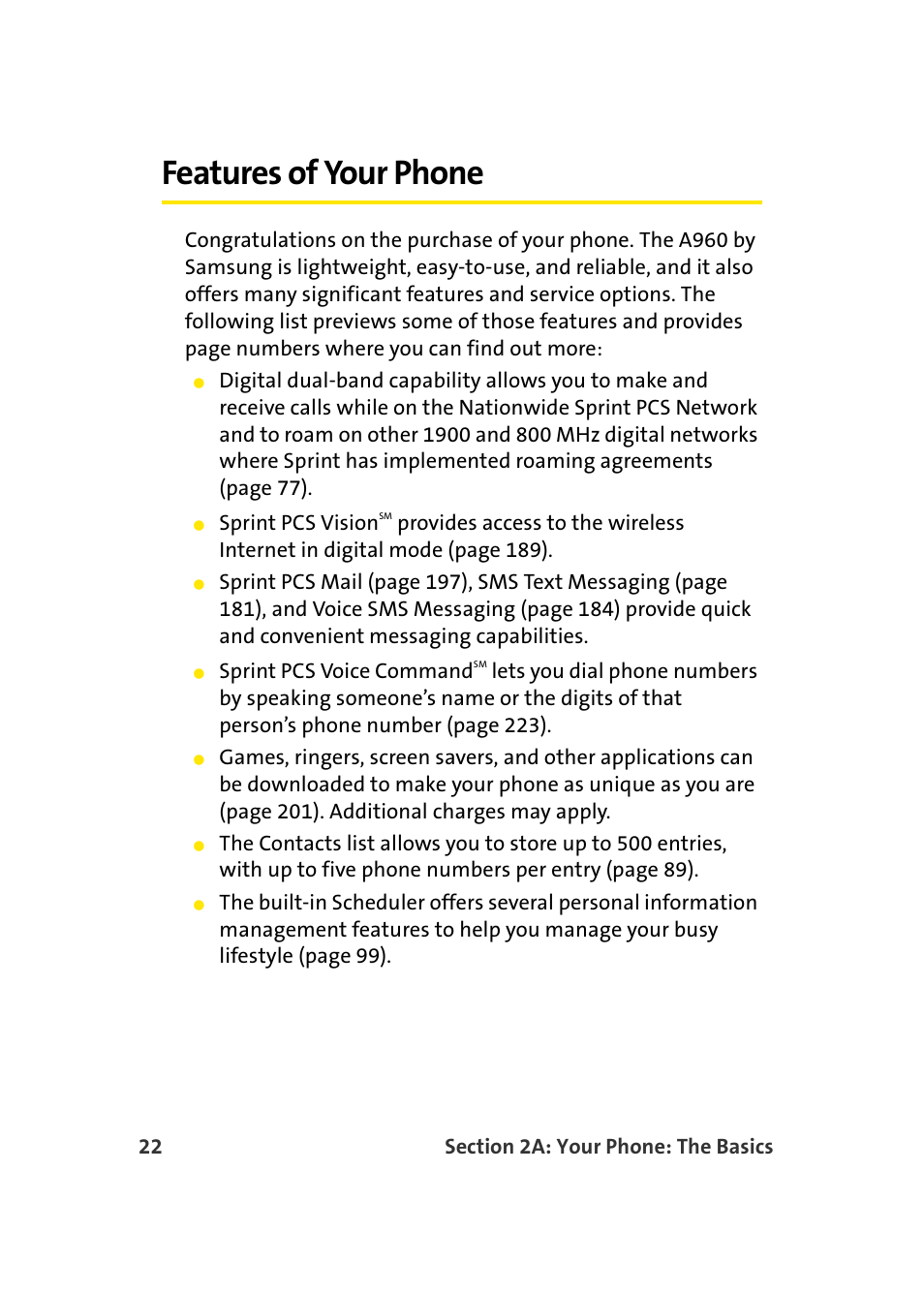 Features of your phone | Samsung A960 User Manual | Page 46 / 272
