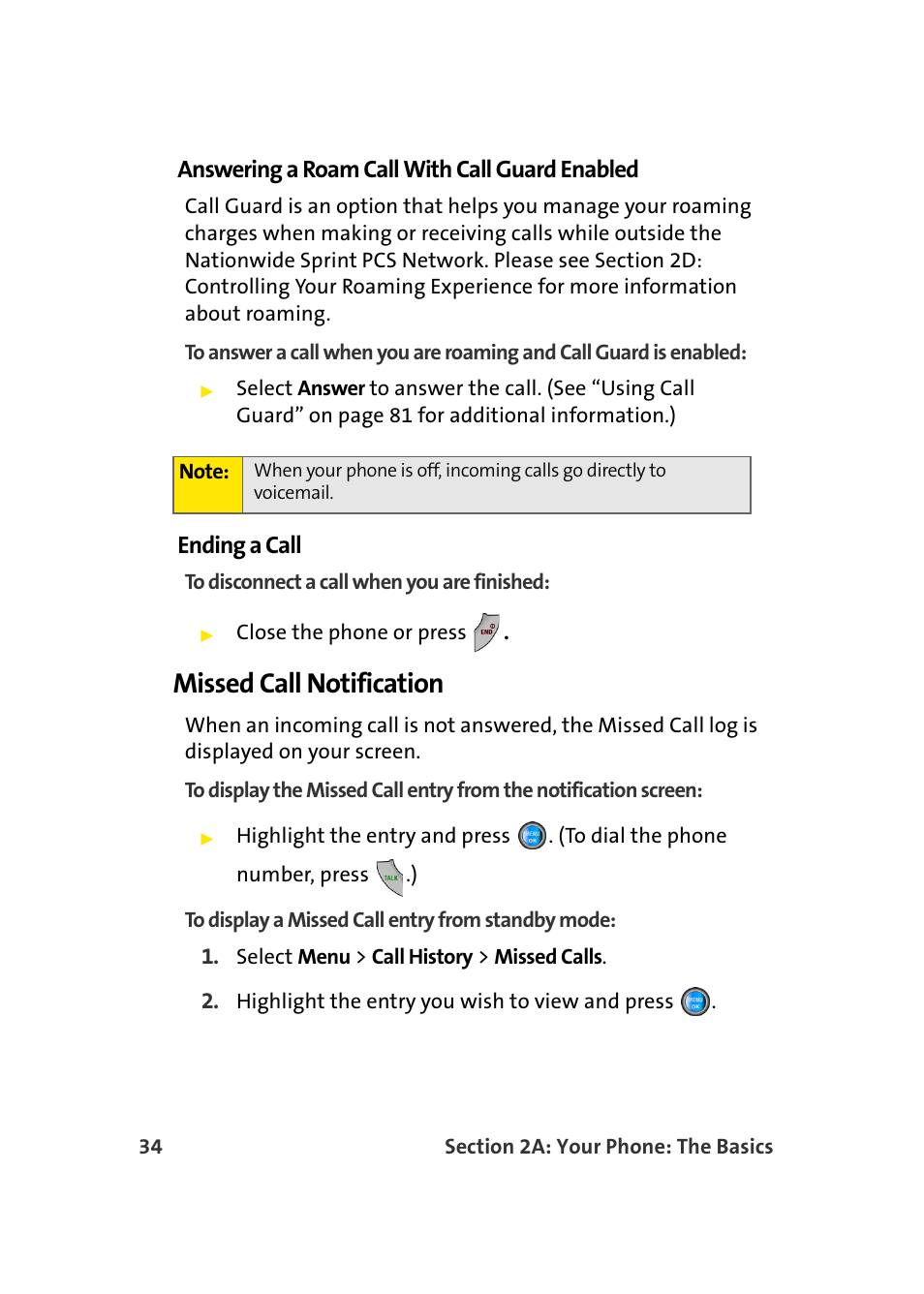 Missed call notification, Answering a roam call with call guard enabled, Ending a call | Samsung A960 User Manual | Page 58 / 272
