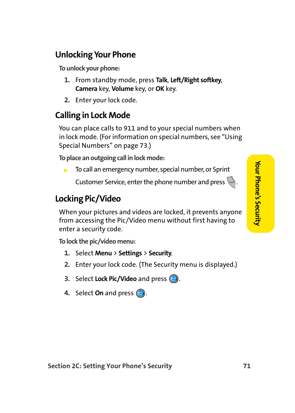 Unlocking your phone, Calling in lock mode, Locking pic/video | Samsung A960 User Manual | Page 95 / 272