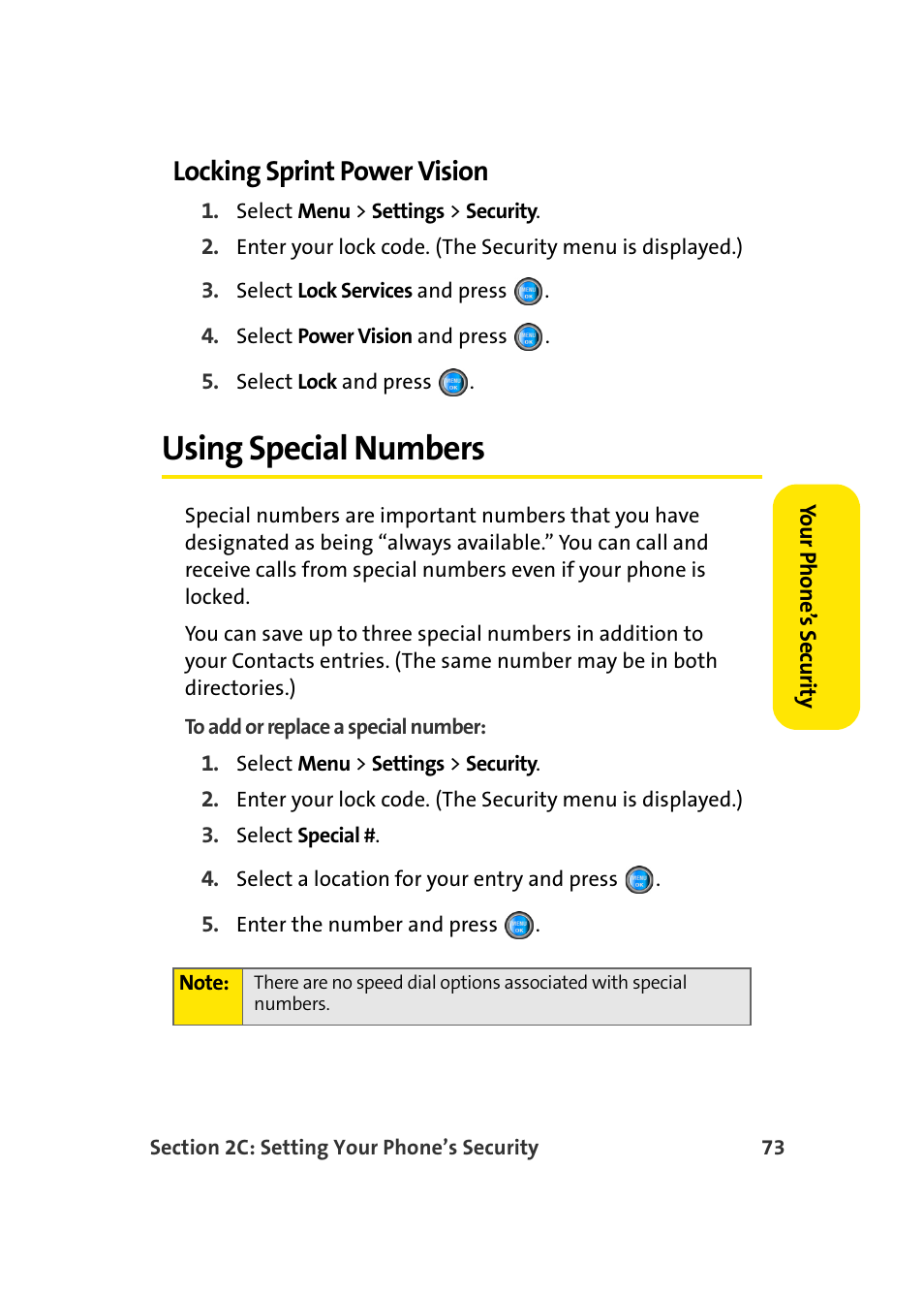 Locking sprint power vision, Using special numbers | Samsung A960 User Manual | Page 97 / 272