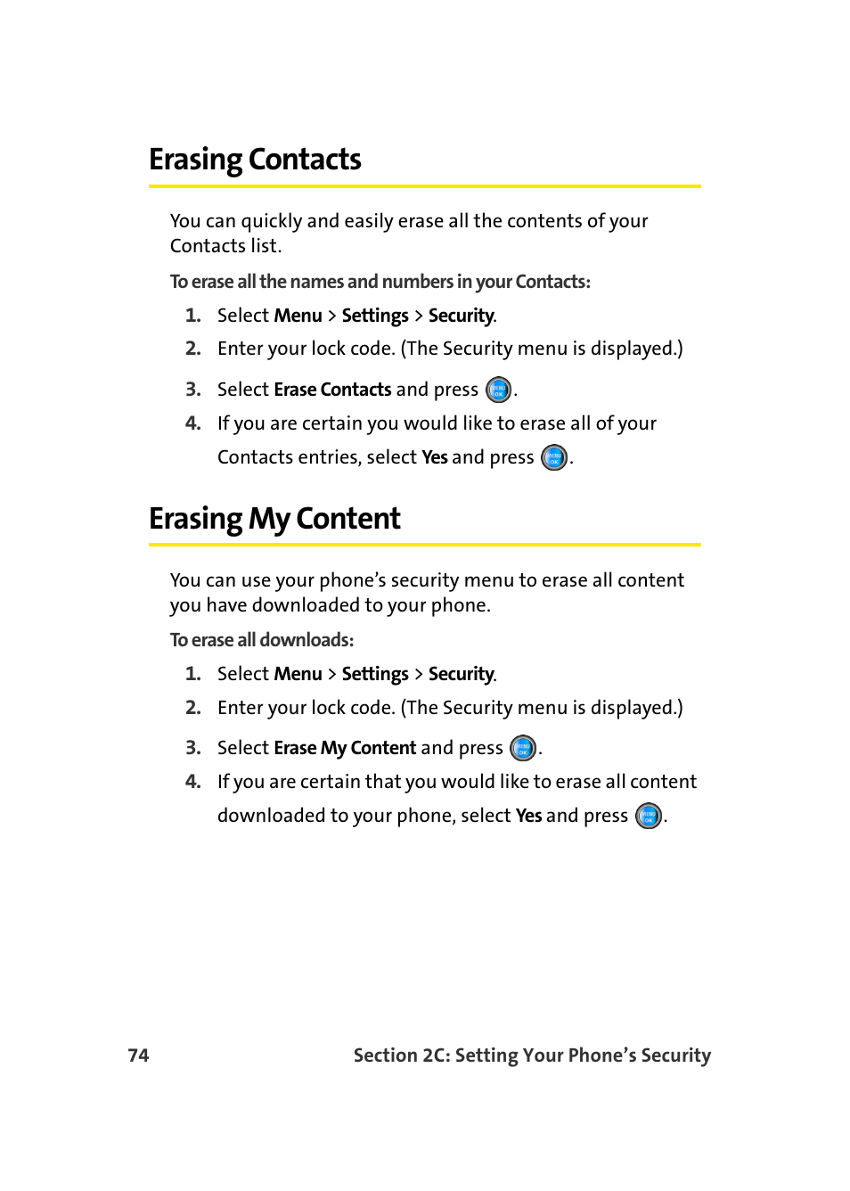 Erasing contacts, Erasing my content | Samsung A960 User Manual | Page 98 / 272