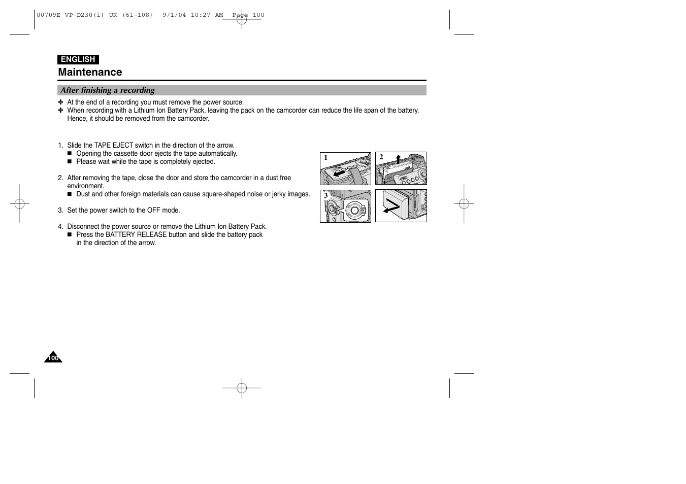 Maintenance, After finishing a recording | Samsung VP-D200 User Manual | Page 100 / 108
