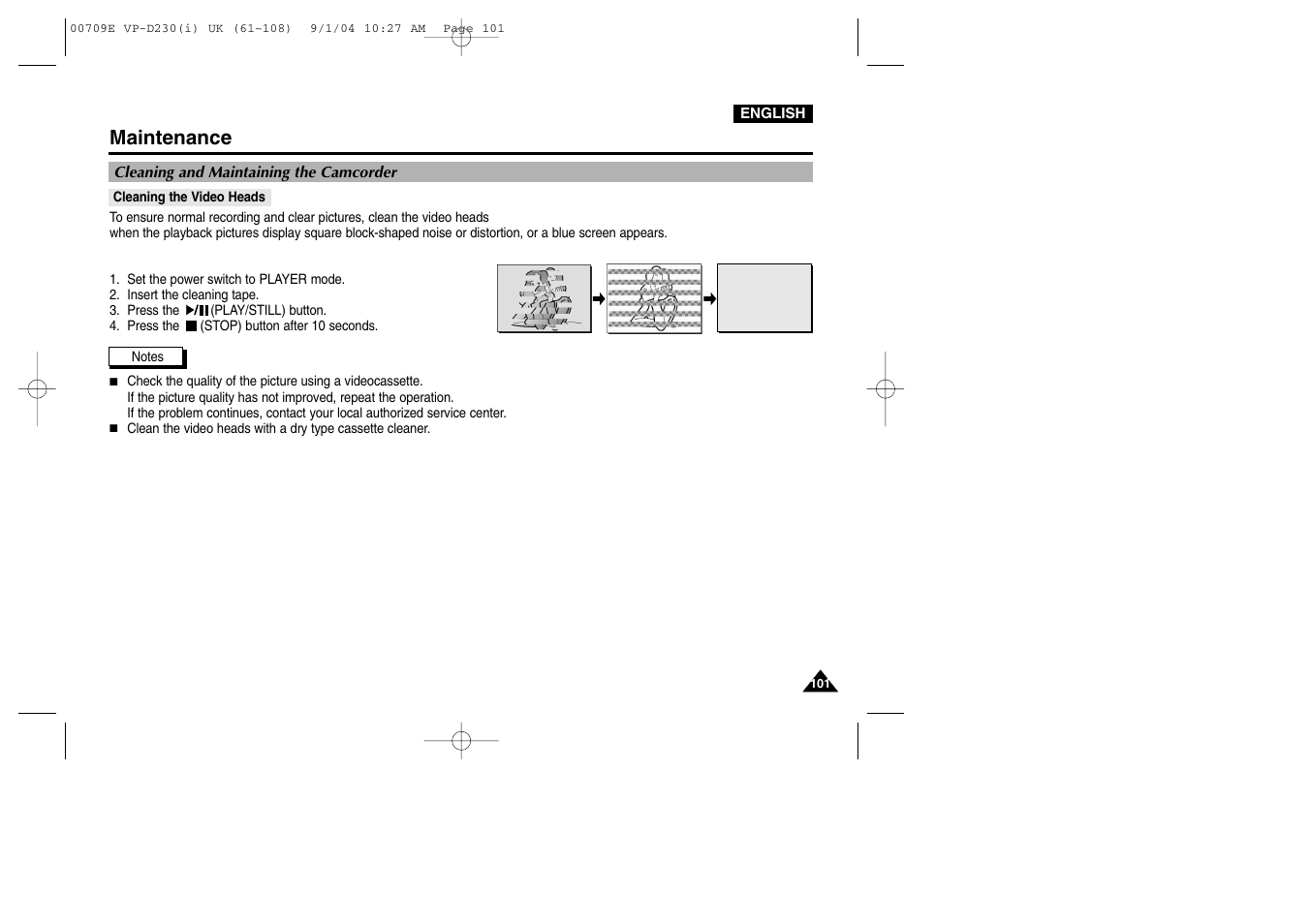 Cleaning and maintaining the camcorder, Cleaning the video heads, Maintenance | Samsung VP-D200 User Manual | Page 101 / 108