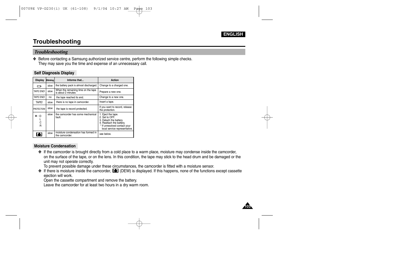 Troubleshooting, Self diagnosis display, Moisture condensation | Samsung VP-D200 User Manual | Page 103 / 108