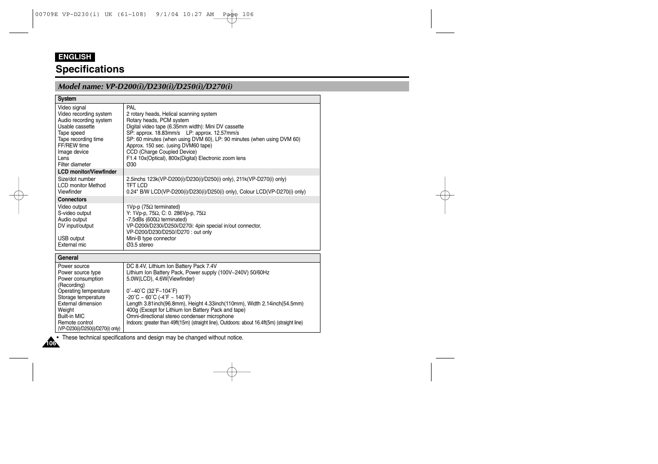 Specifications | Samsung VP-D200 User Manual | Page 106 / 108