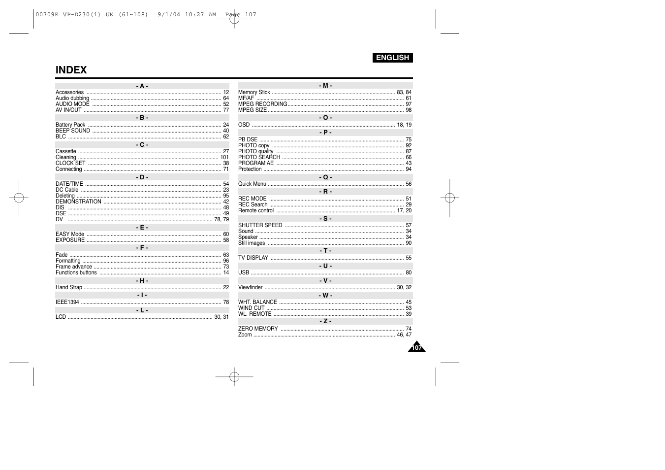 Index | Samsung VP-D200 User Manual | Page 107 / 108