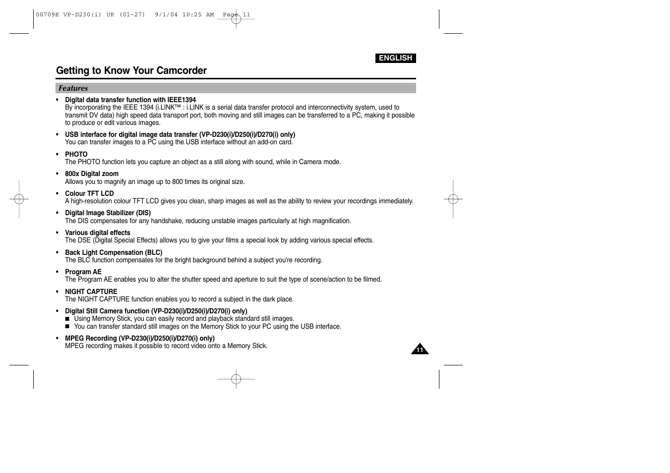 Getting to know your camcorder, Features | Samsung VP-D200 User Manual | Page 11 / 108