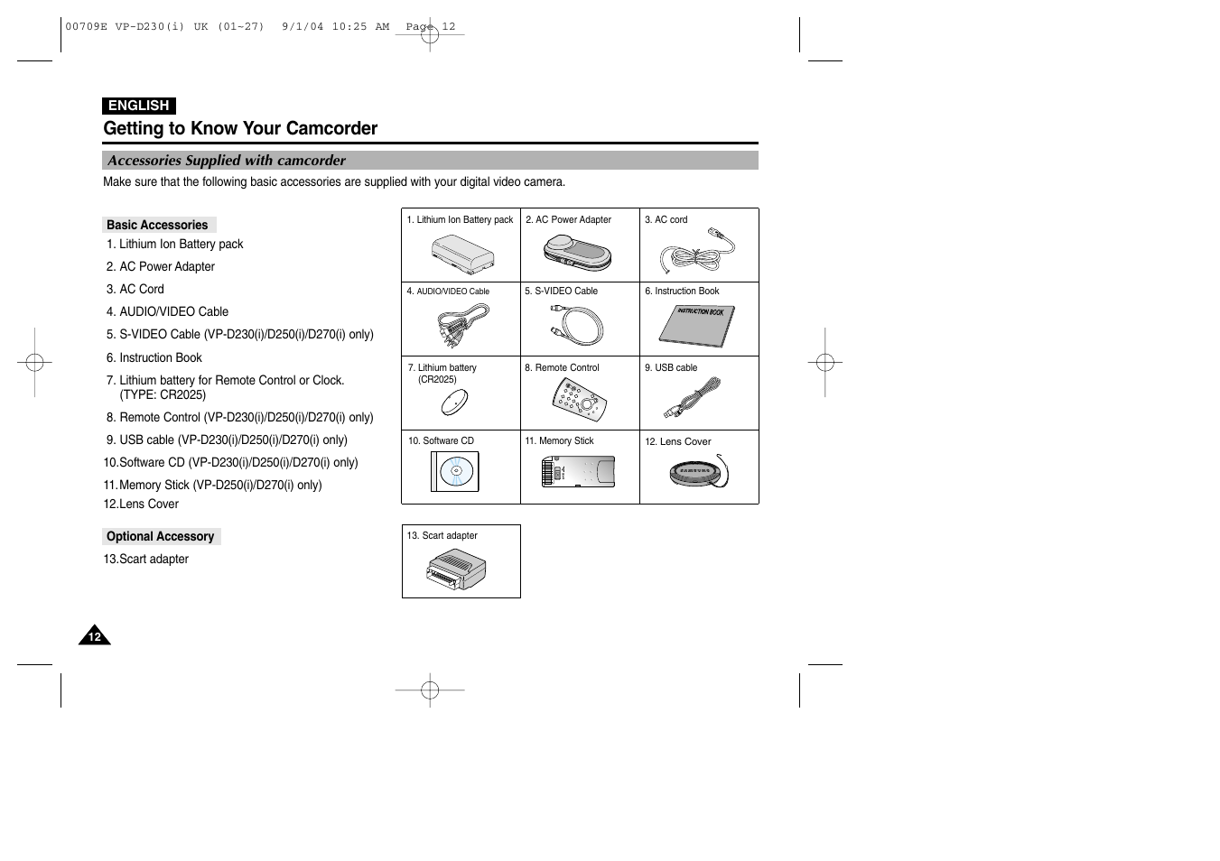 Accessories supplied with camcorder, Getting to know your camcorder | Samsung VP-D200 User Manual | Page 12 / 108