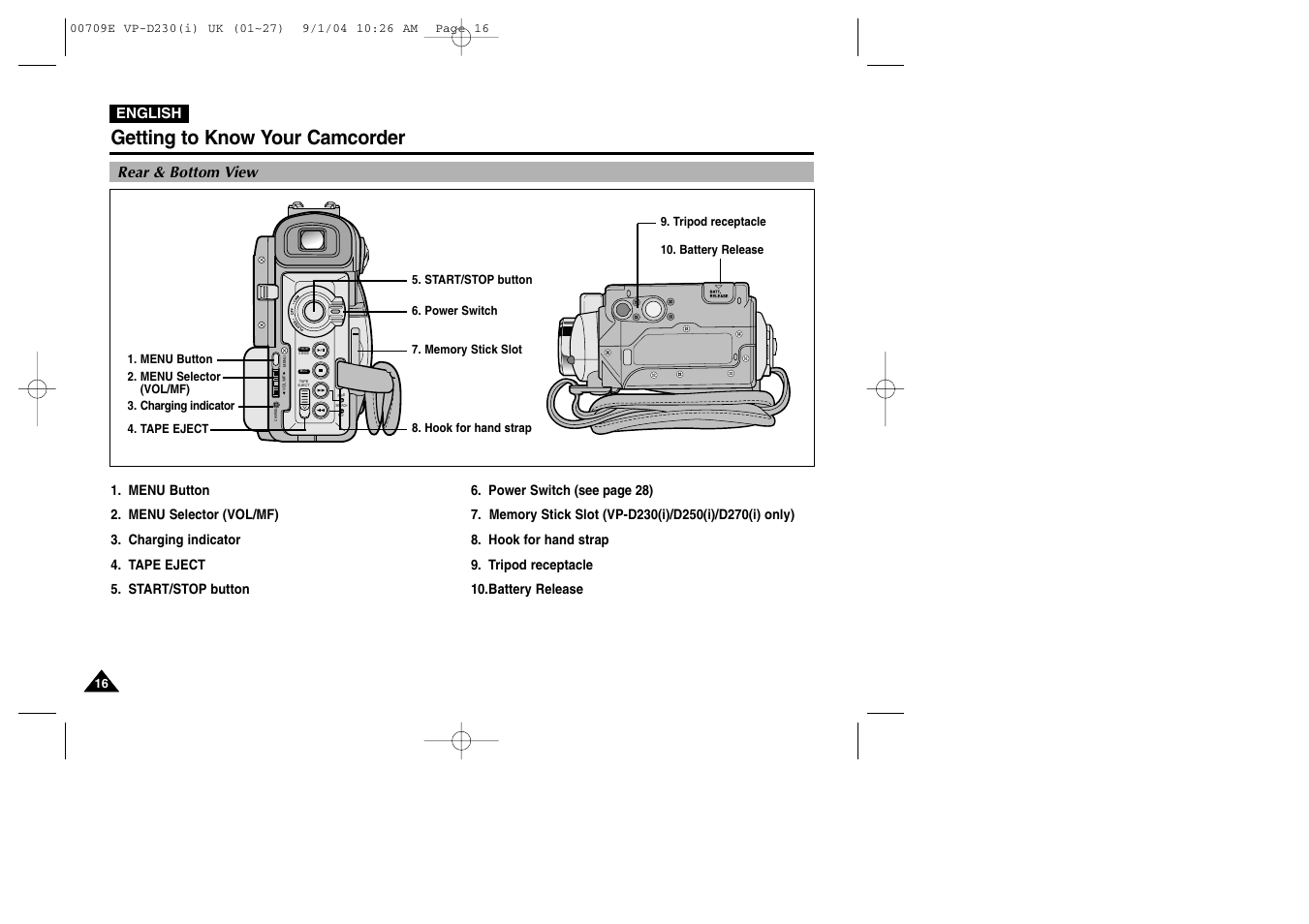 Rear & bottom view, Getting to know your camcorder | Samsung VP-D200 User Manual | Page 16 / 108