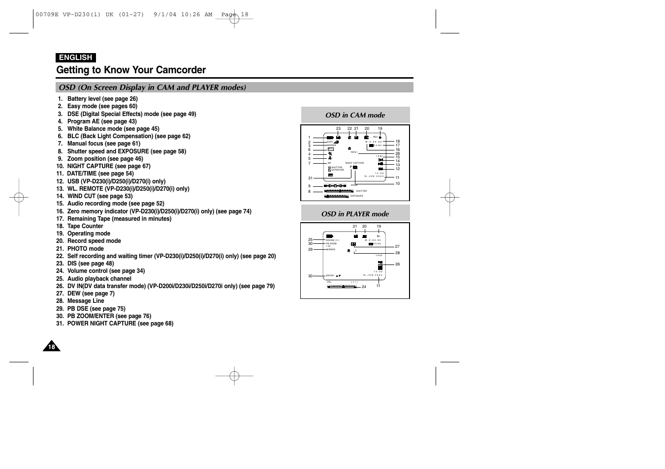 Osd (on screen display in cam and player modes), Getting to know your camcorder, English | Osd in cam mode, Osd in player mode | Samsung VP-D200 User Manual | Page 18 / 108