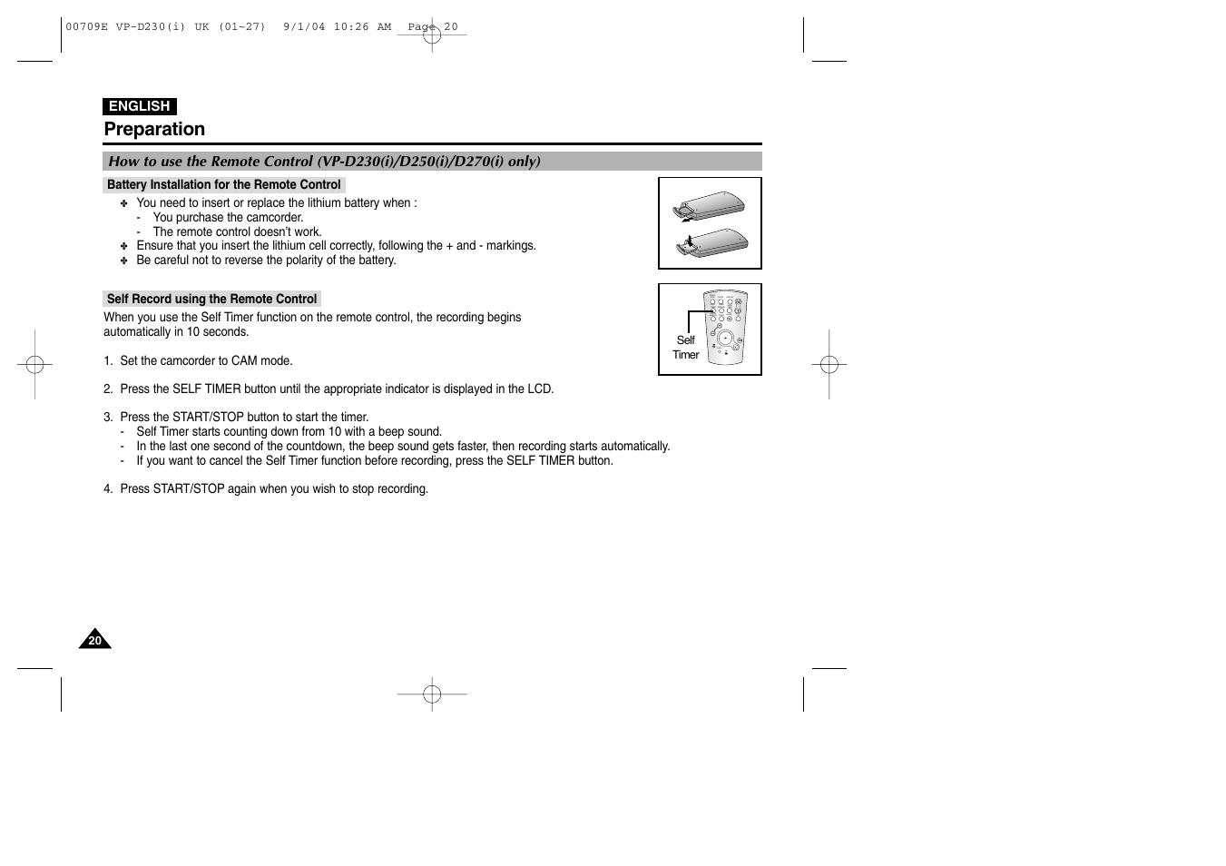 Preparation, Battery installation for the remote control, Self record using the remote control | Samsung VP-D200 User Manual | Page 20 / 108