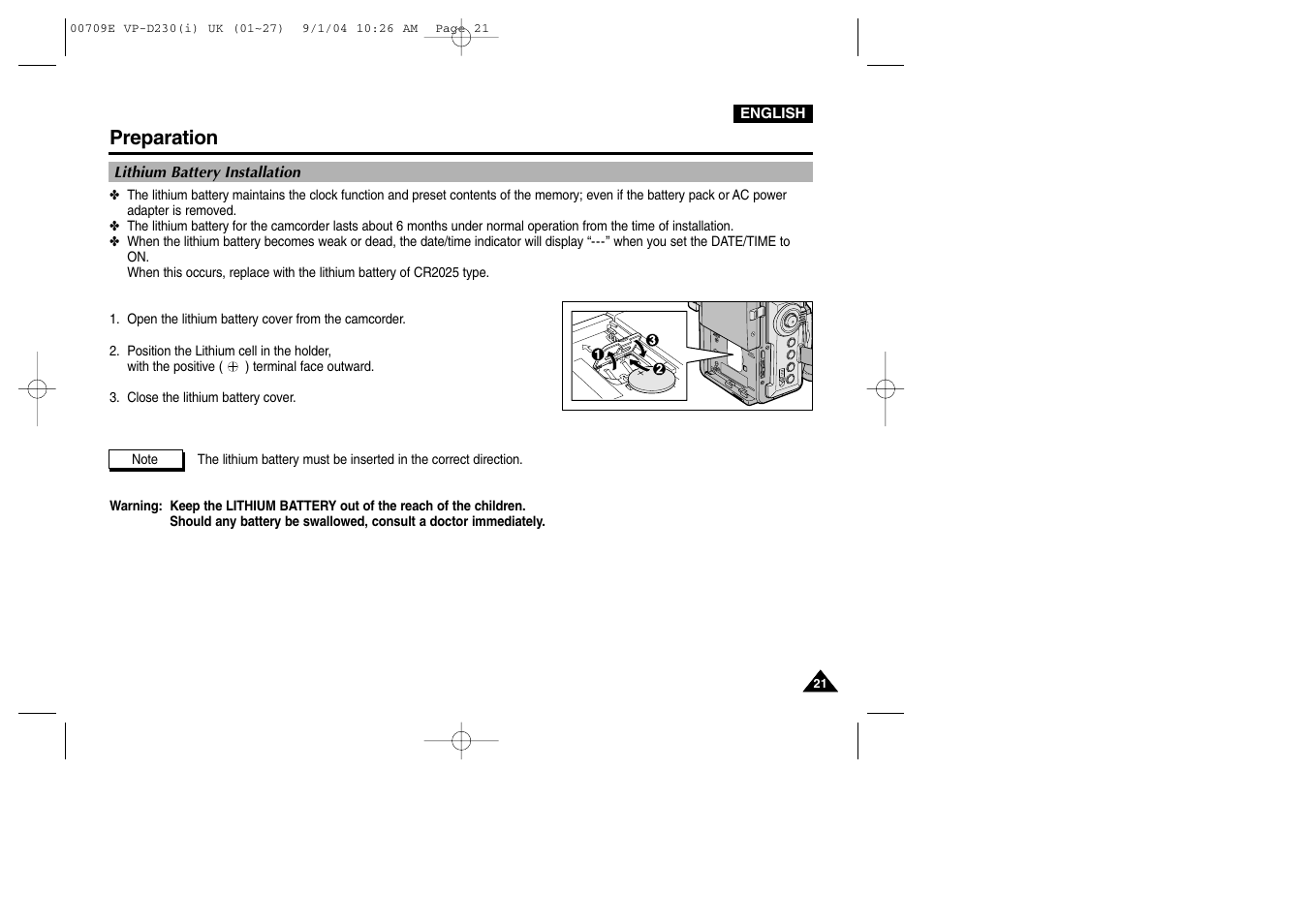 Lithium battery installation, Preparation | Samsung VP-D200 User Manual | Page 21 / 108