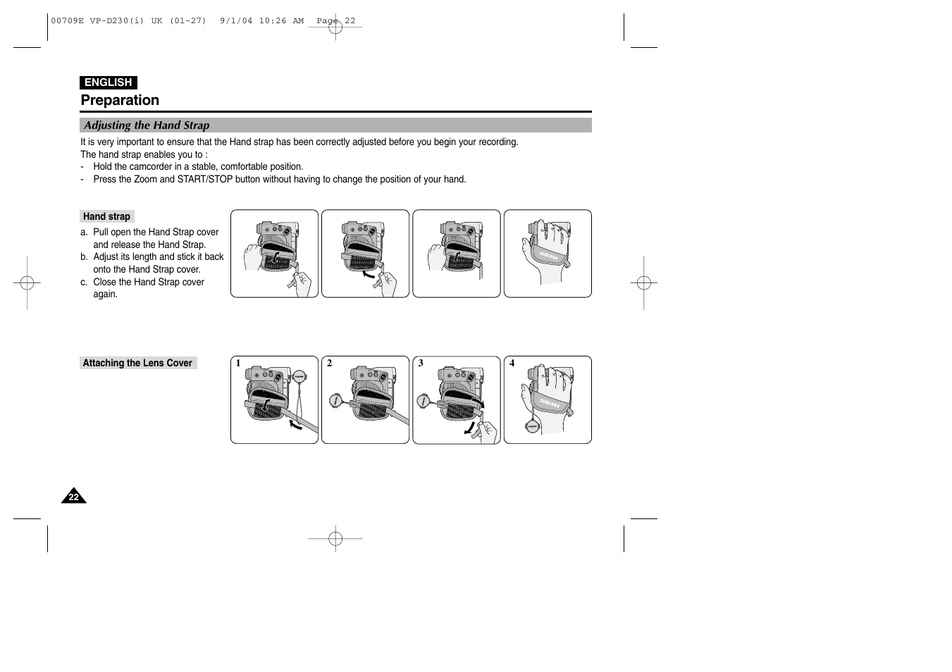 Adjusting the hand strap, Hand strap, Attaching the lens cover | Samsung VP-D200 User Manual | Page 22 / 108